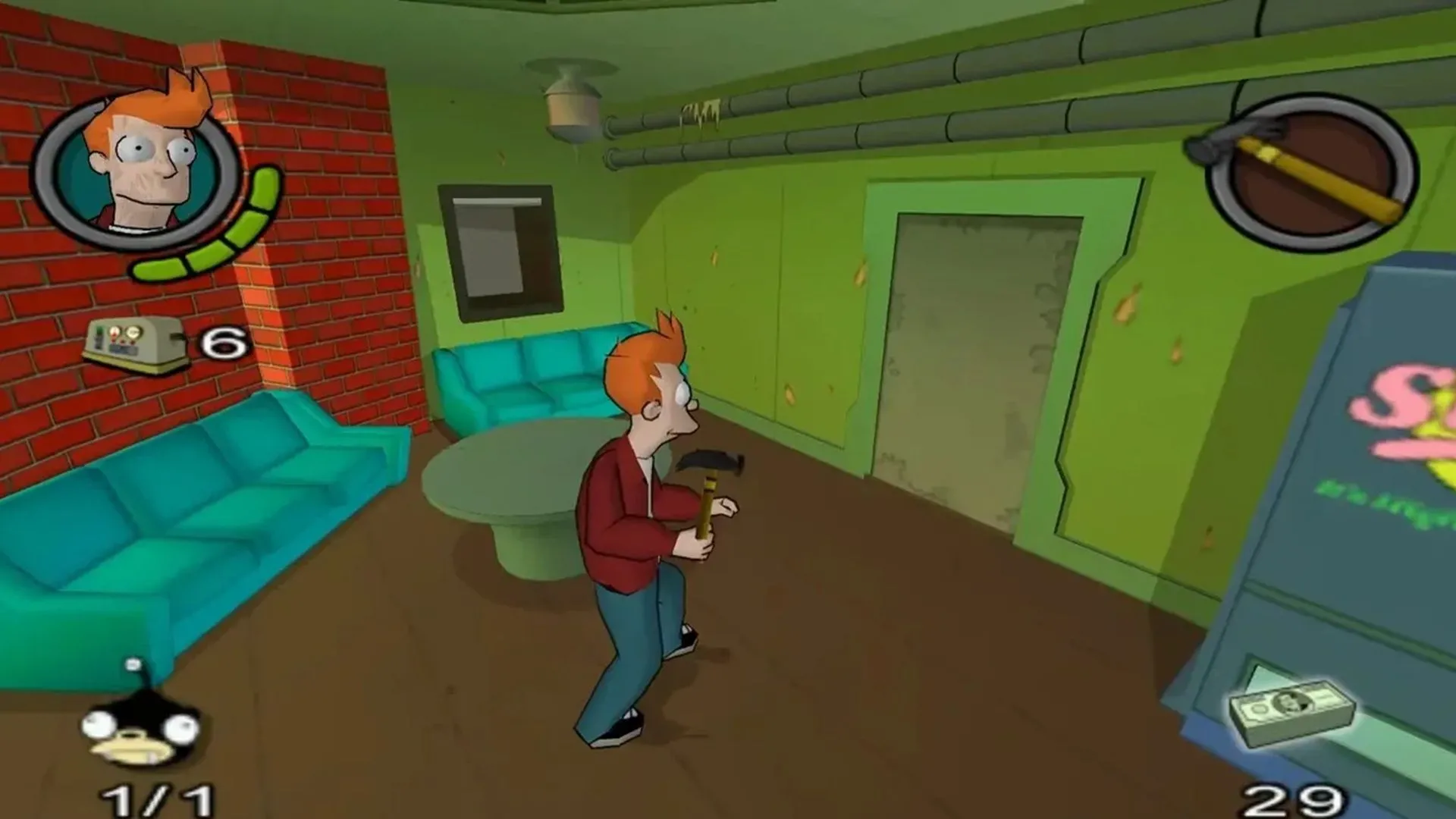 Giao diện gameplay hài hước của tựa game Futurama trên Xbox, tái hiện không khí phim hoạt hình