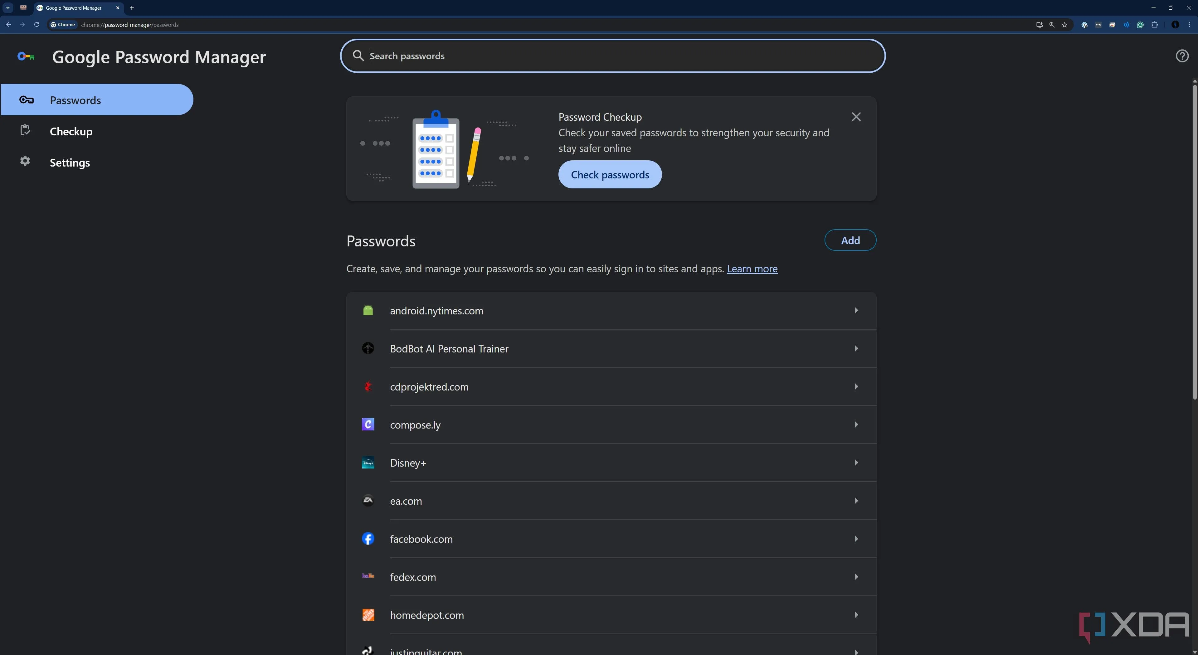 Giao diện Google Password Manager trên trình duyệt Chrome hiển thị danh sách mật khẩu đã lưu.