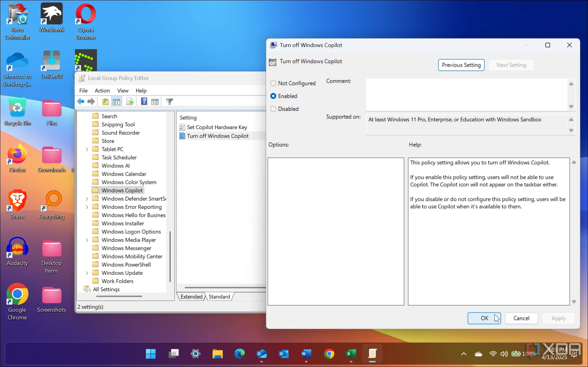 Giao diện Group Policy Editor trên Windows 11 Pro với tùy chọn vô hiệu hóa Windows Copilot