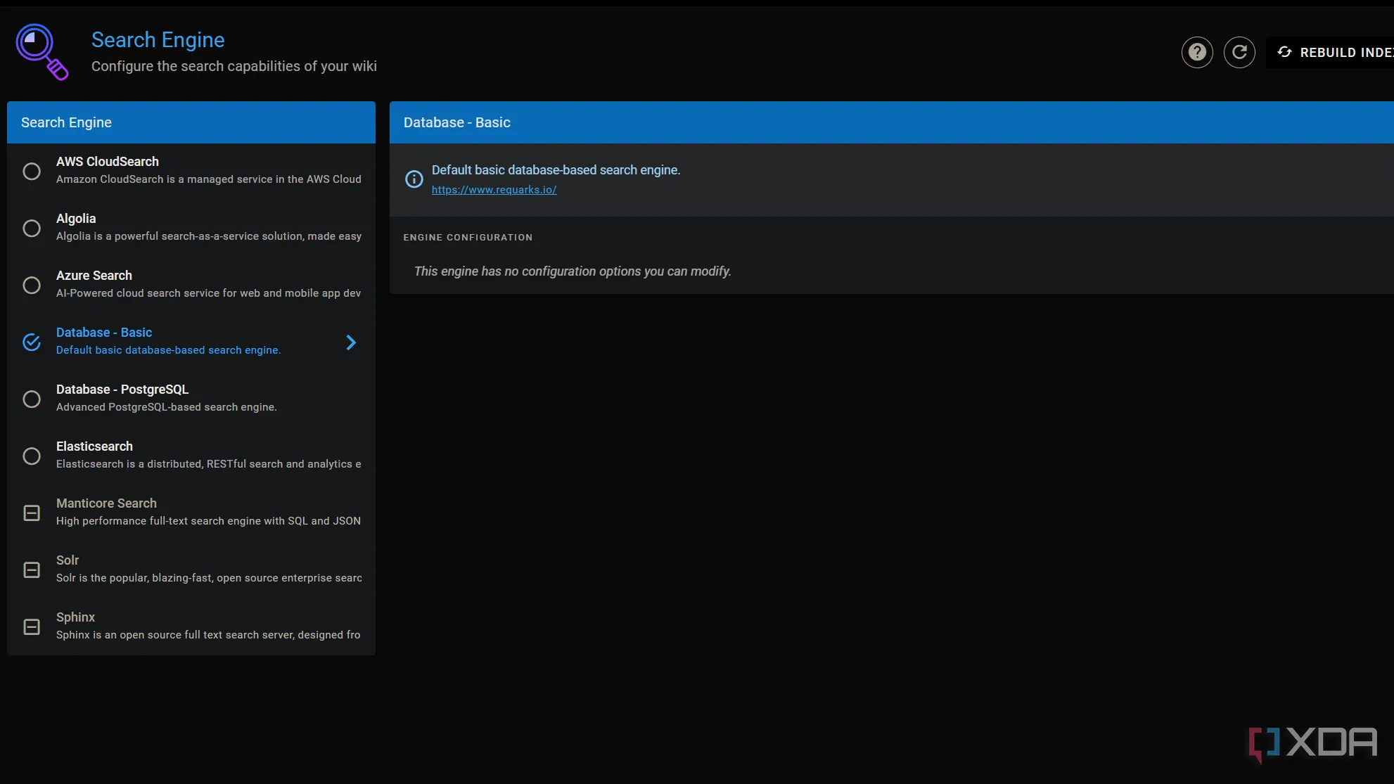 Giao diện lựa chọn công cụ tìm kiếm cho Wiki.js, với các tùy chọn như Database, AWS CloudSearch, Algolia, Azure Search và Elasticsearch.