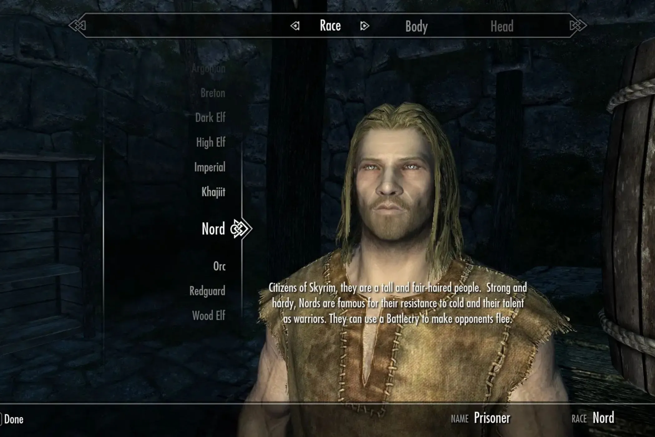Giao diện lựa chọn kịch bản khởi đầu của mod Alternate Start - Live Another Life trong Skyrim, nơi người chơi có thể tùy chỉnh cuộc đời mới cho nhân vật.