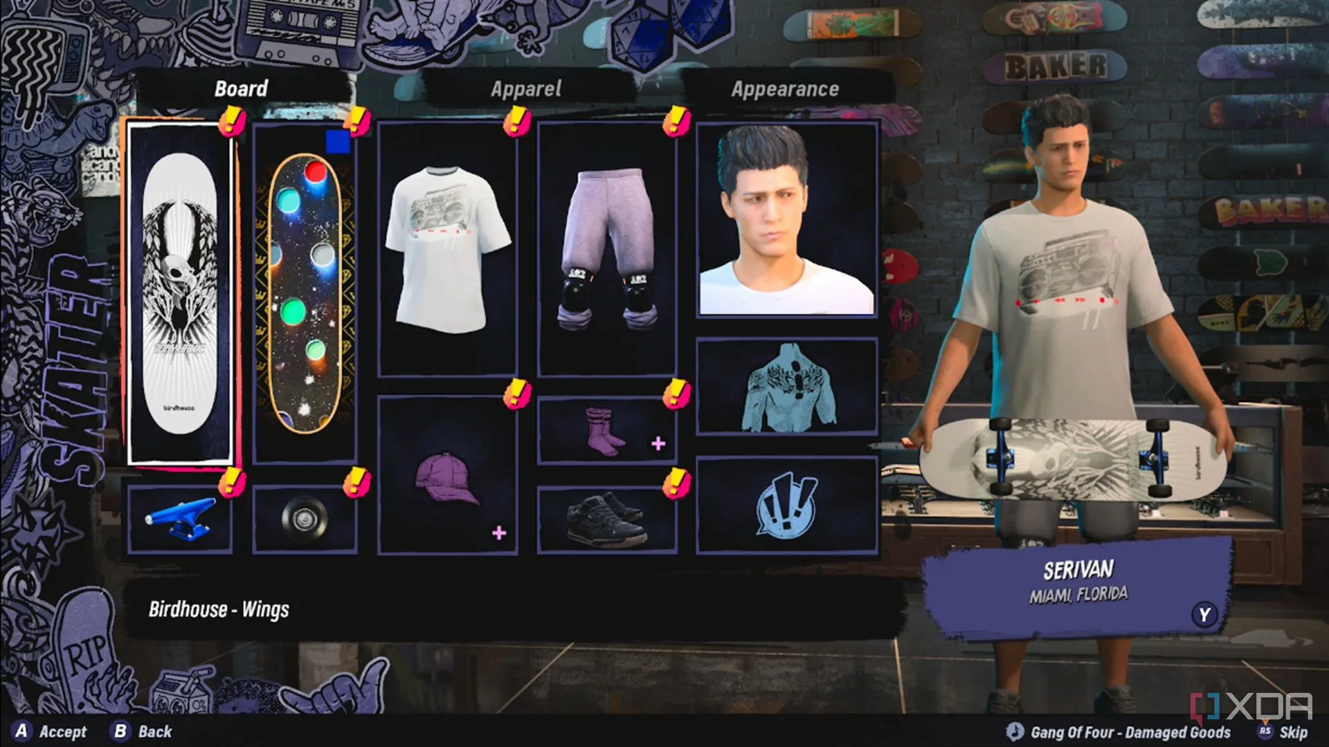 Giao diện menu Create-A-Skater hiển thị các tùy chọn tùy chỉnh nhân vật trong Tony Hawk's Pro Skater 3+4