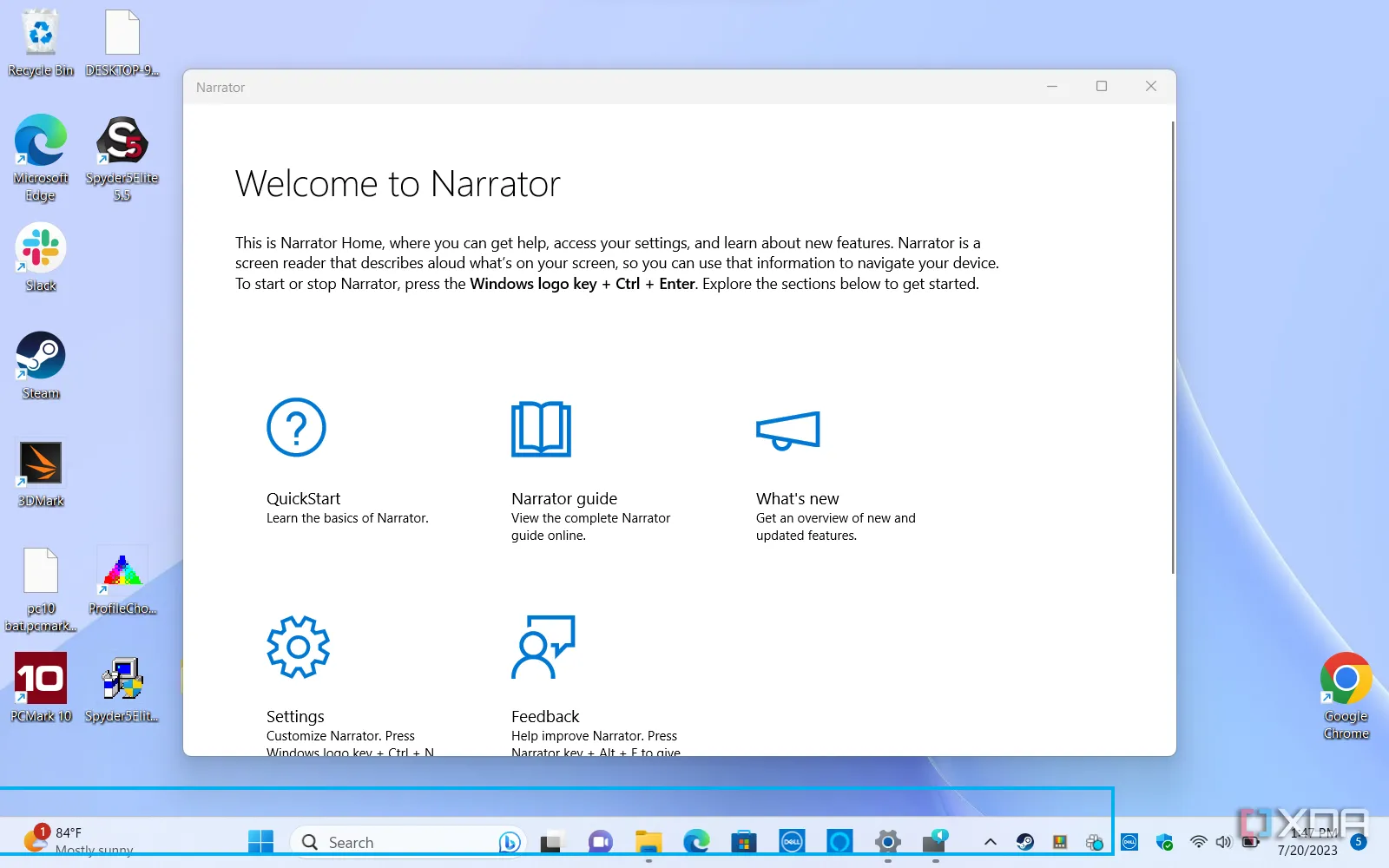 Giao diện Narrator trong Windows 11, cho thấy sự tích hợp công cụ đọc màn hình ở cấp độ hệ điều hành.