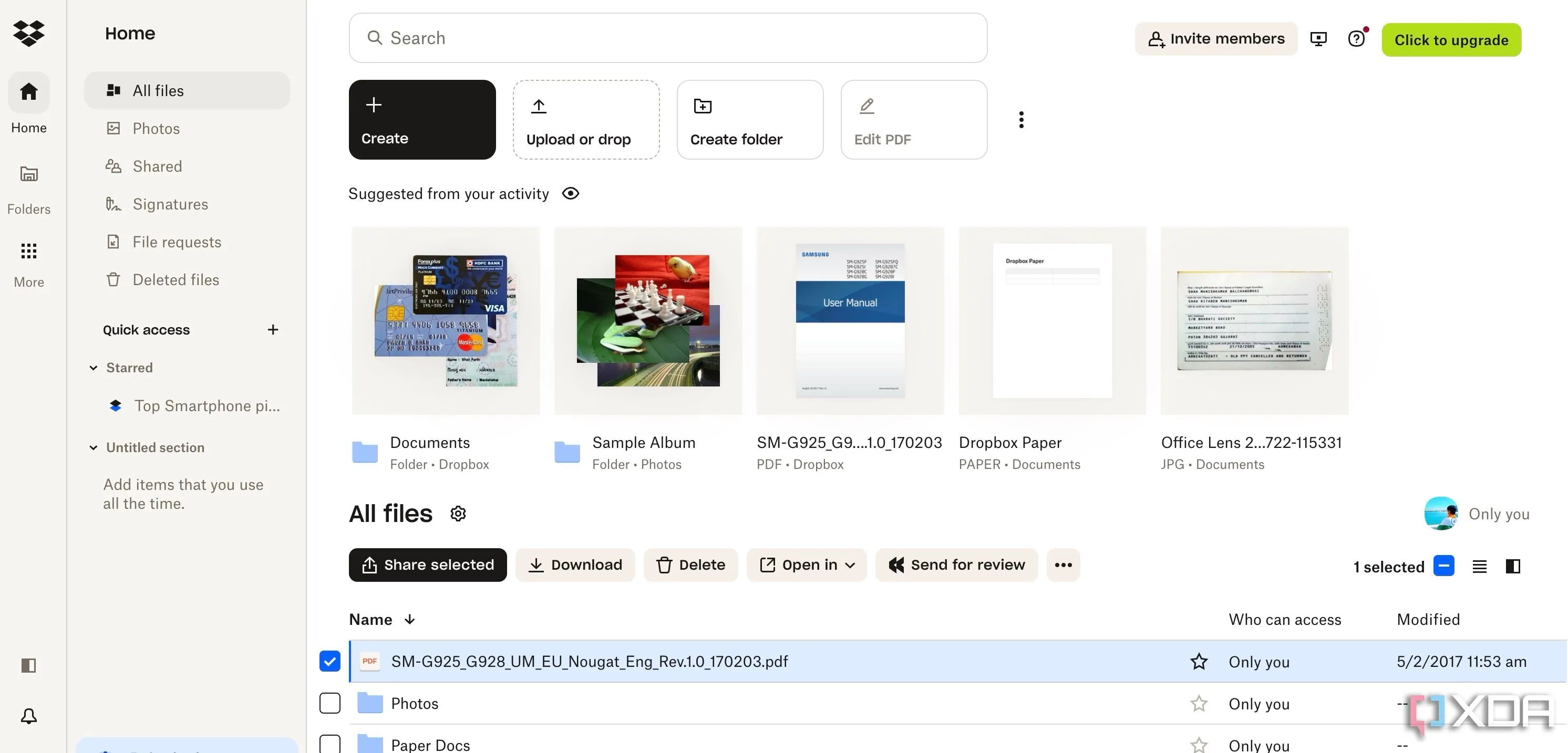 Giao diện người dùng của Dropbox với tùy chọn chia sẻ file và thư mục trực quan