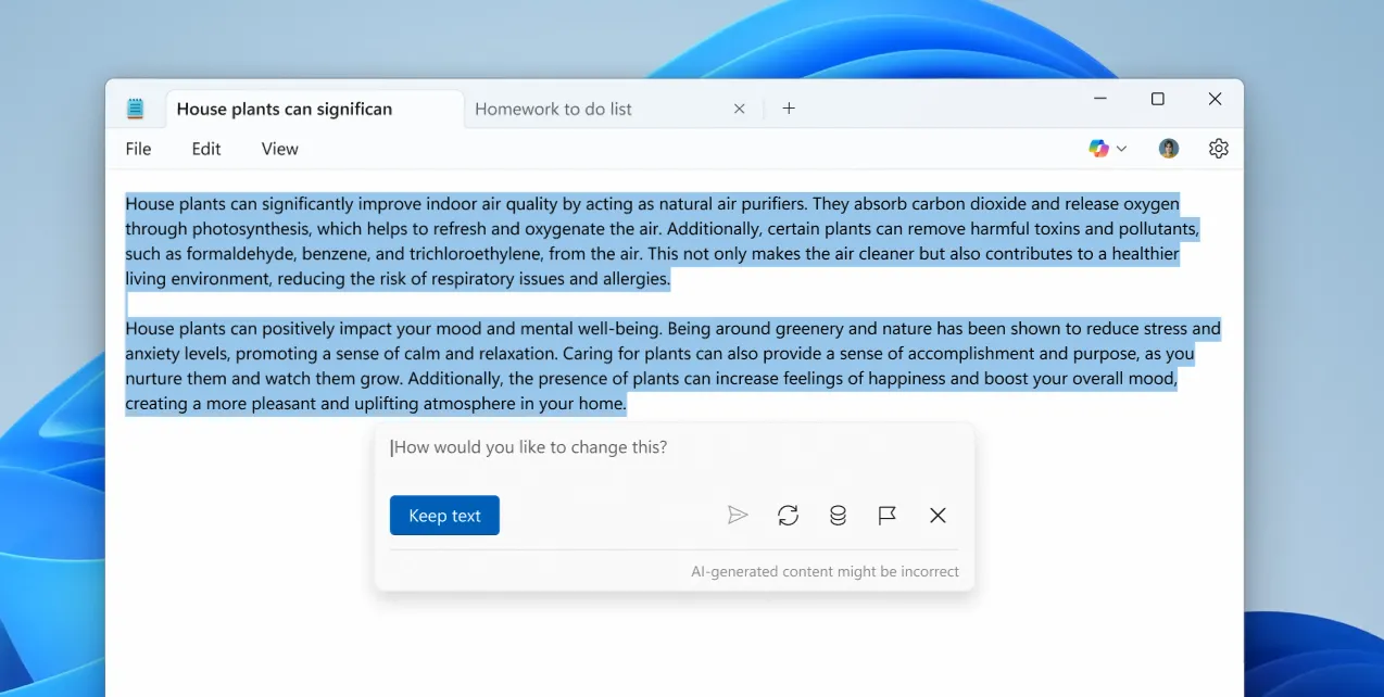 Giao diện Notepad hiển thị tính năng Write sử dụng AI để soạn thảo văn bản nhanh chóng