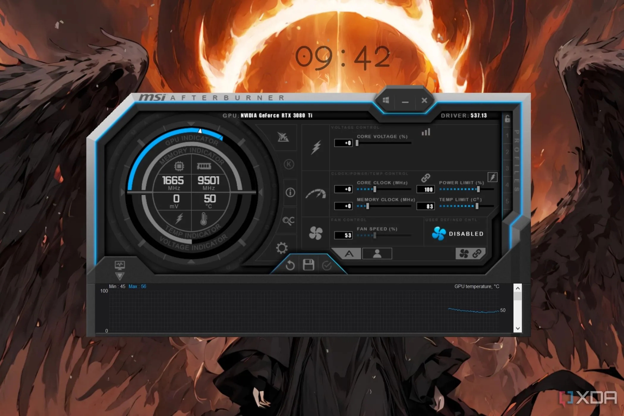 Giao diện phần mềm MSI Afterburner để theo dõi và điều chỉnh card đồ họa