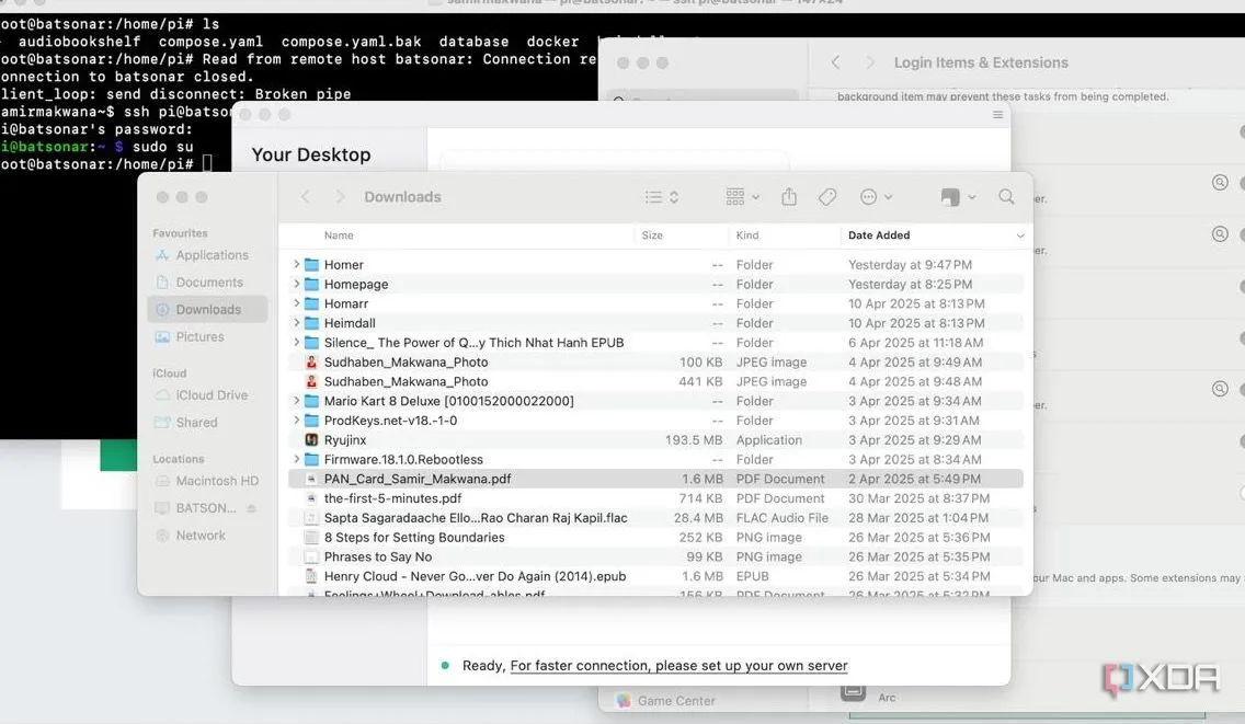 Giao diện phiên làm việc từ xa đang hoạt động của RustDesk với màn hình máy tính đang gỡ lỗi Docker