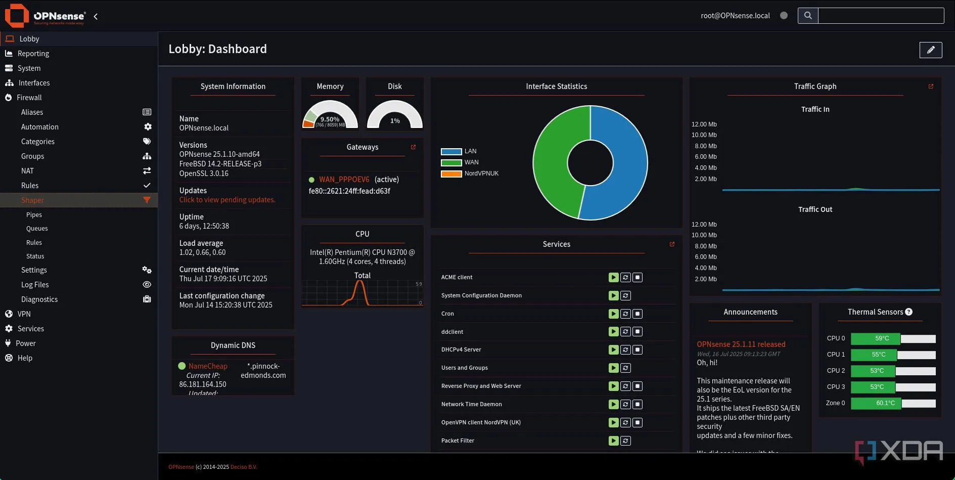 Giao diện quản trị OPNsense với menu Firewall Shaper được chọn