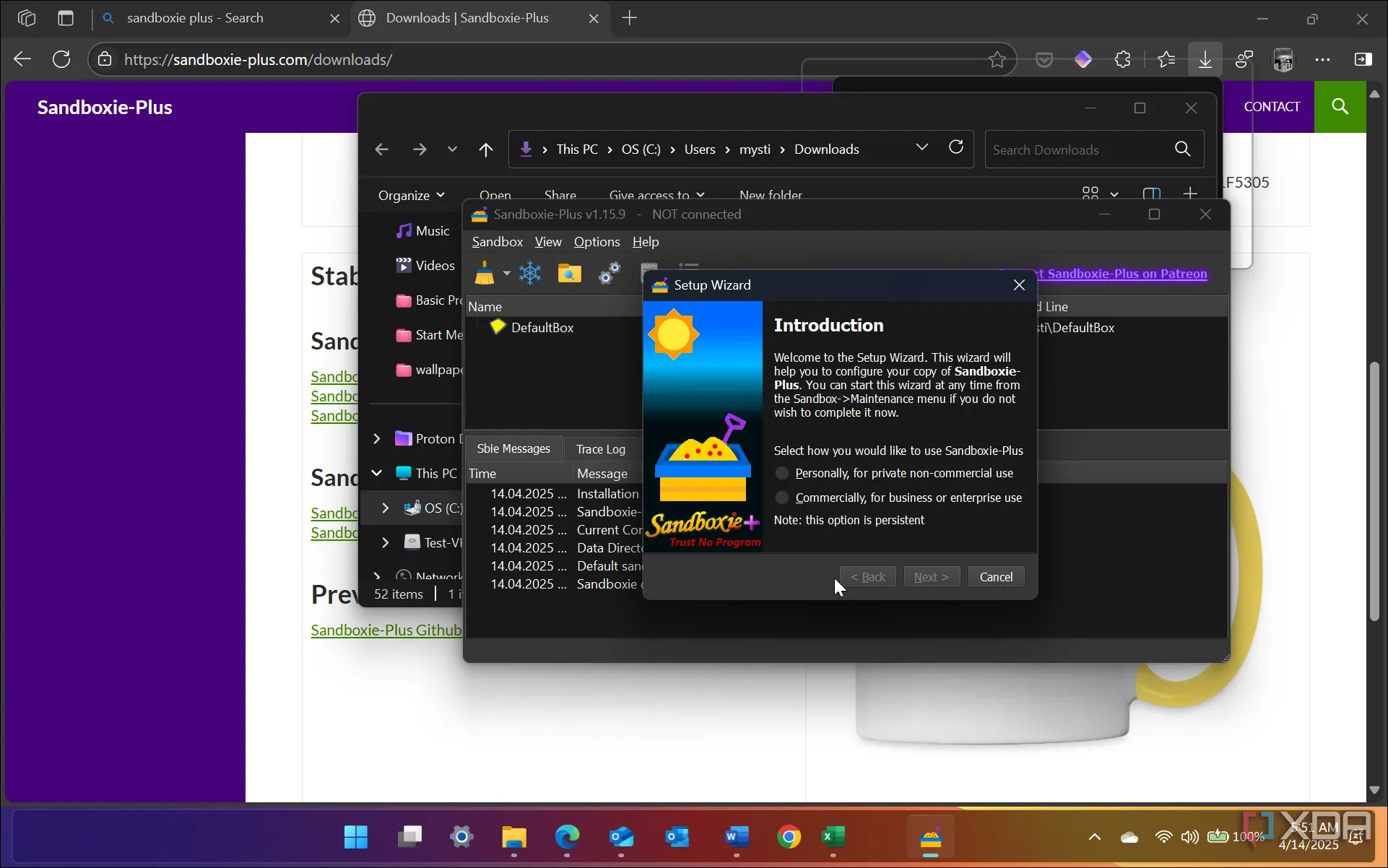 Giao diện Sandboxie Plus đang chạy trên Windows 11 để thử nghiệm ứng dụng an toàn