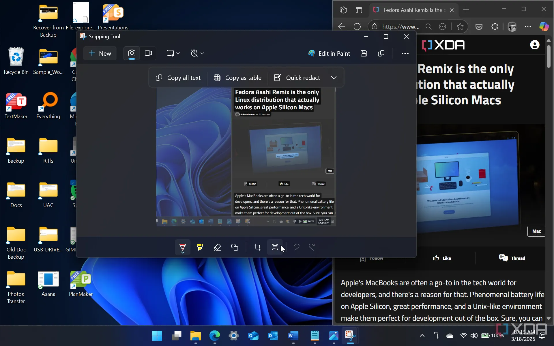 Giao diện Snipping Tool Windows 11 hiển thị tính năng trích xuất văn bản (OCR) từ hình ảnh, cho thấy sự phát triển đa năng của công cụ