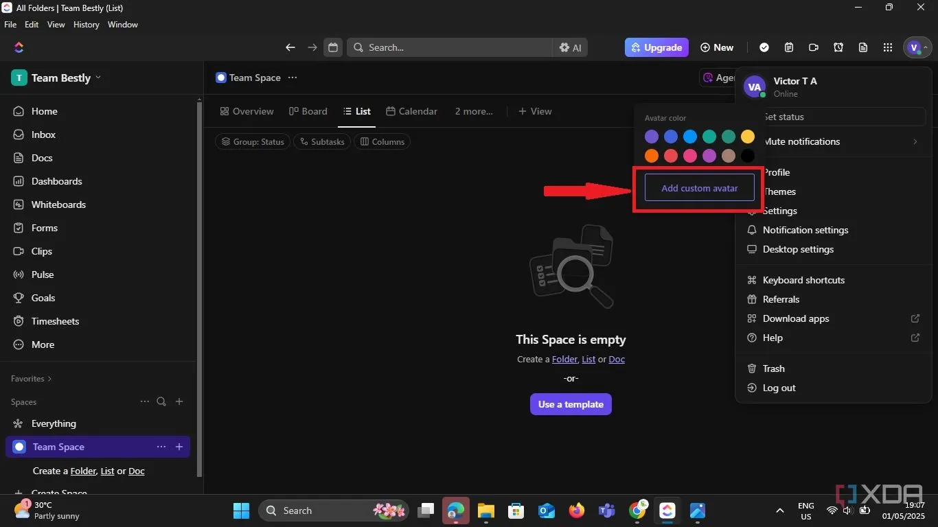 Giao diện thêm ảnh đại diện (avatar) vào hồ sơ ClickUp của người dùng để dễ nhận diện