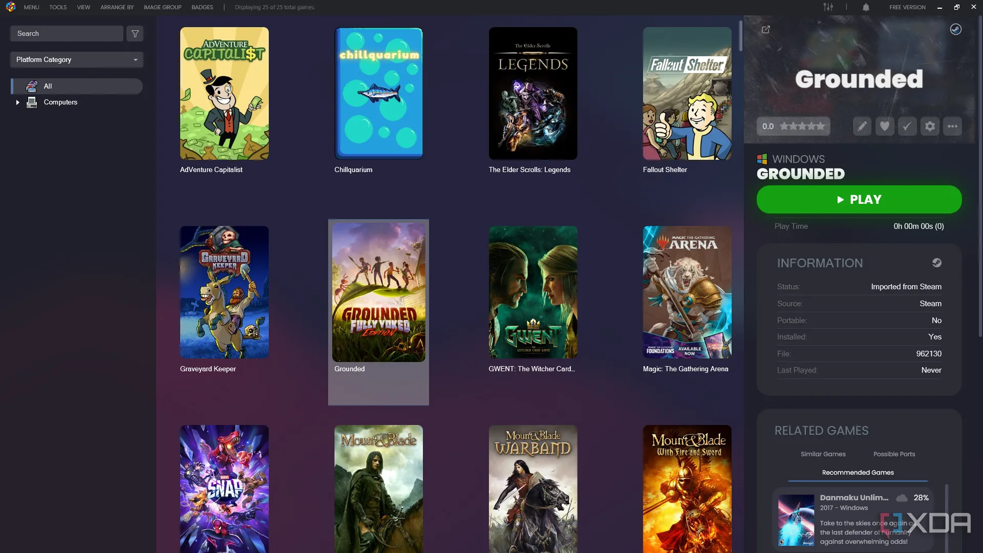 Giao diện thư viện game của LaunchBox với các bìa game được sắp xếp gọn gàng, thể hiện tính năng quản lý trực quan của phần mềm front-end.