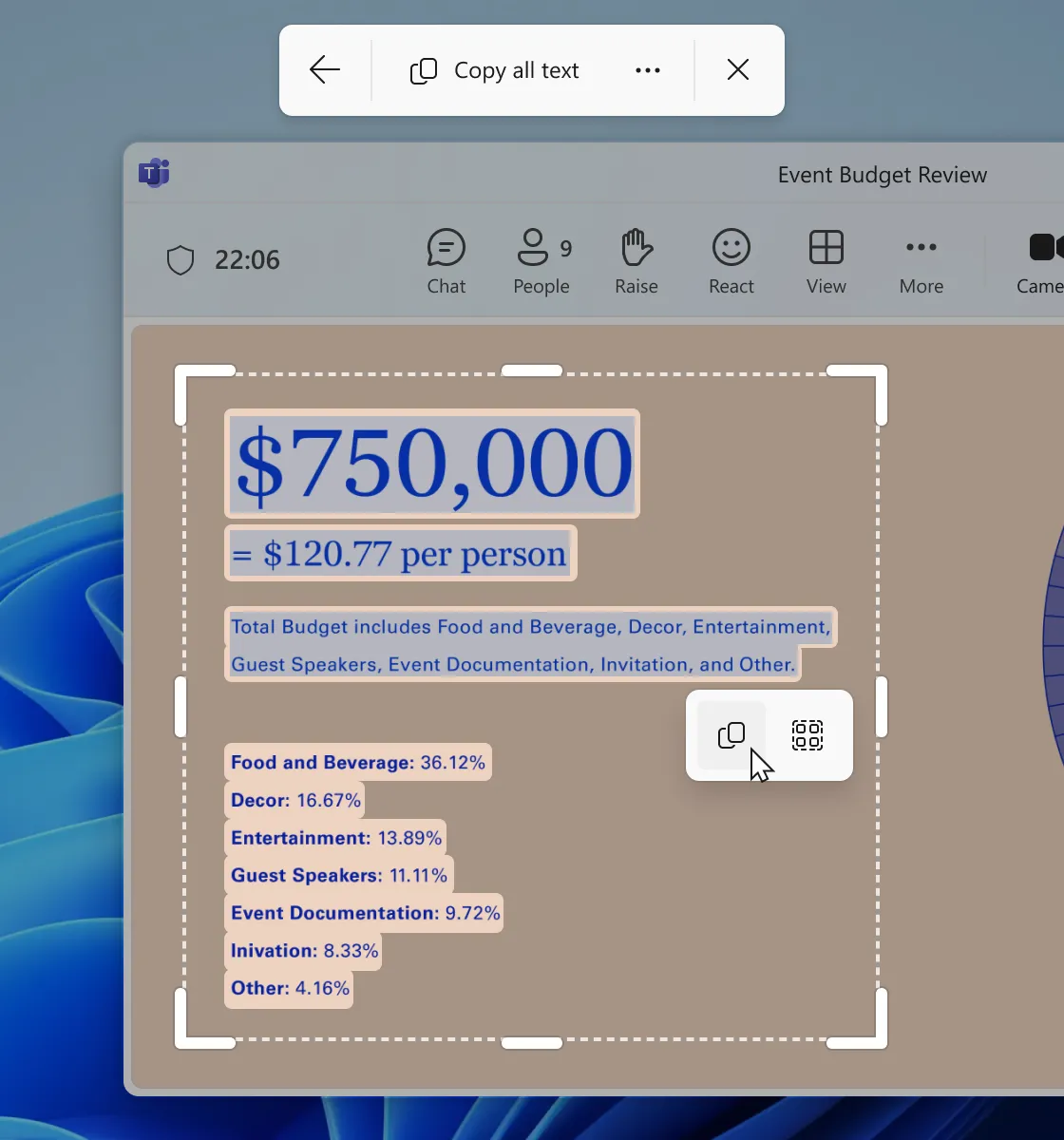 Giao diện tính năng Text Extractor trong Snipping Tool trên Windows 11