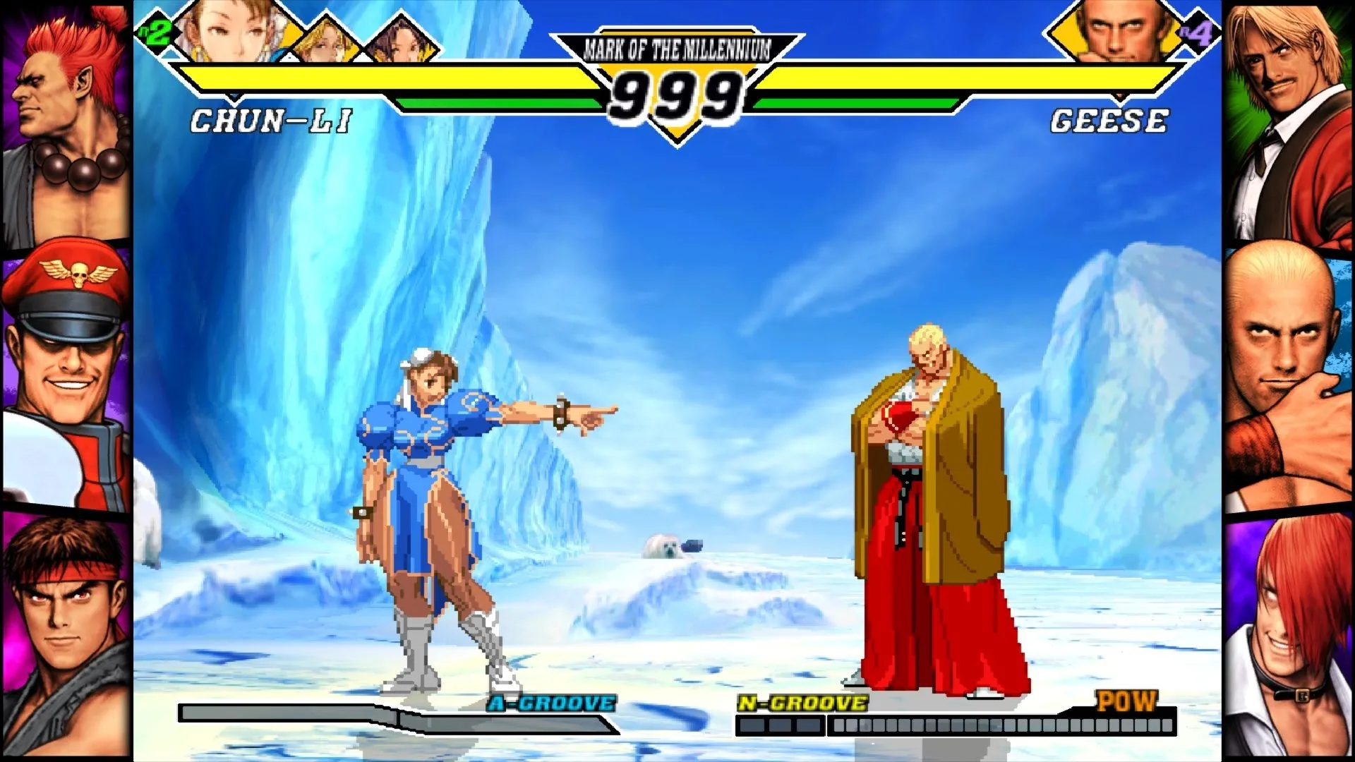 Giao diện trận đấu online trong Capcom Fighting Collection 2 với thanh trạng thái và thanh máu nhân vật
