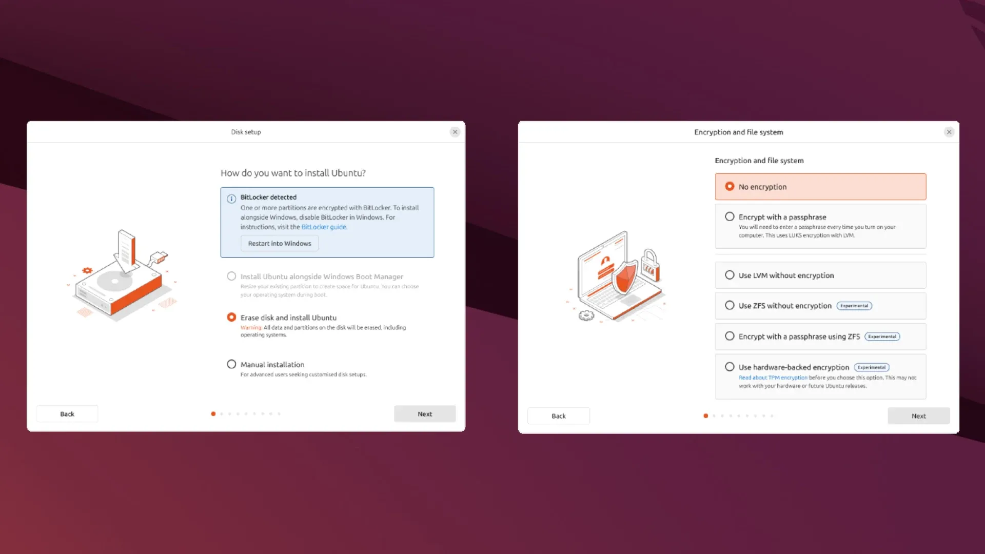 Giao diện trình cài đặt Ubuntu 25.04 Plucky Puffin với các tùy chọn cài đặt mới