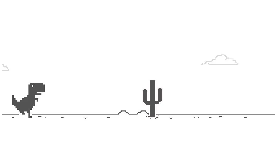 Giao diện trò chơi Khủng long không mạng của Google Chrome với chú khủng long T-Rex và các chướng ngại vật.