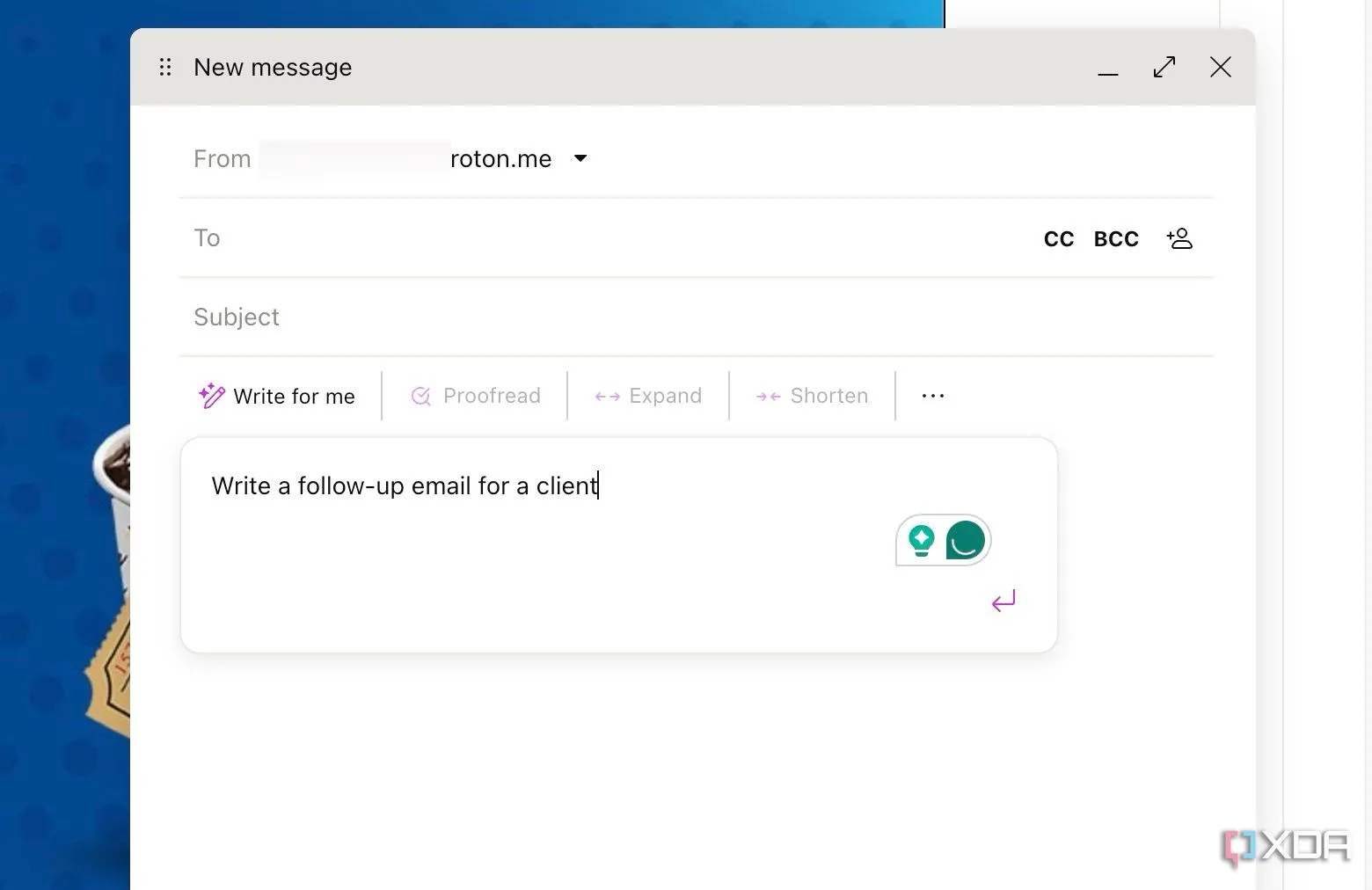 Giao diện trợ lý viết AI Proton Scribe trên Proton Mail với tùy chọn chạy cục bộ.