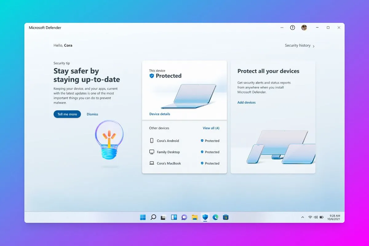 Giao diện ứng dụng Microsoft Defender, minh họa công cụ bảo mật quan trọng cho Windows