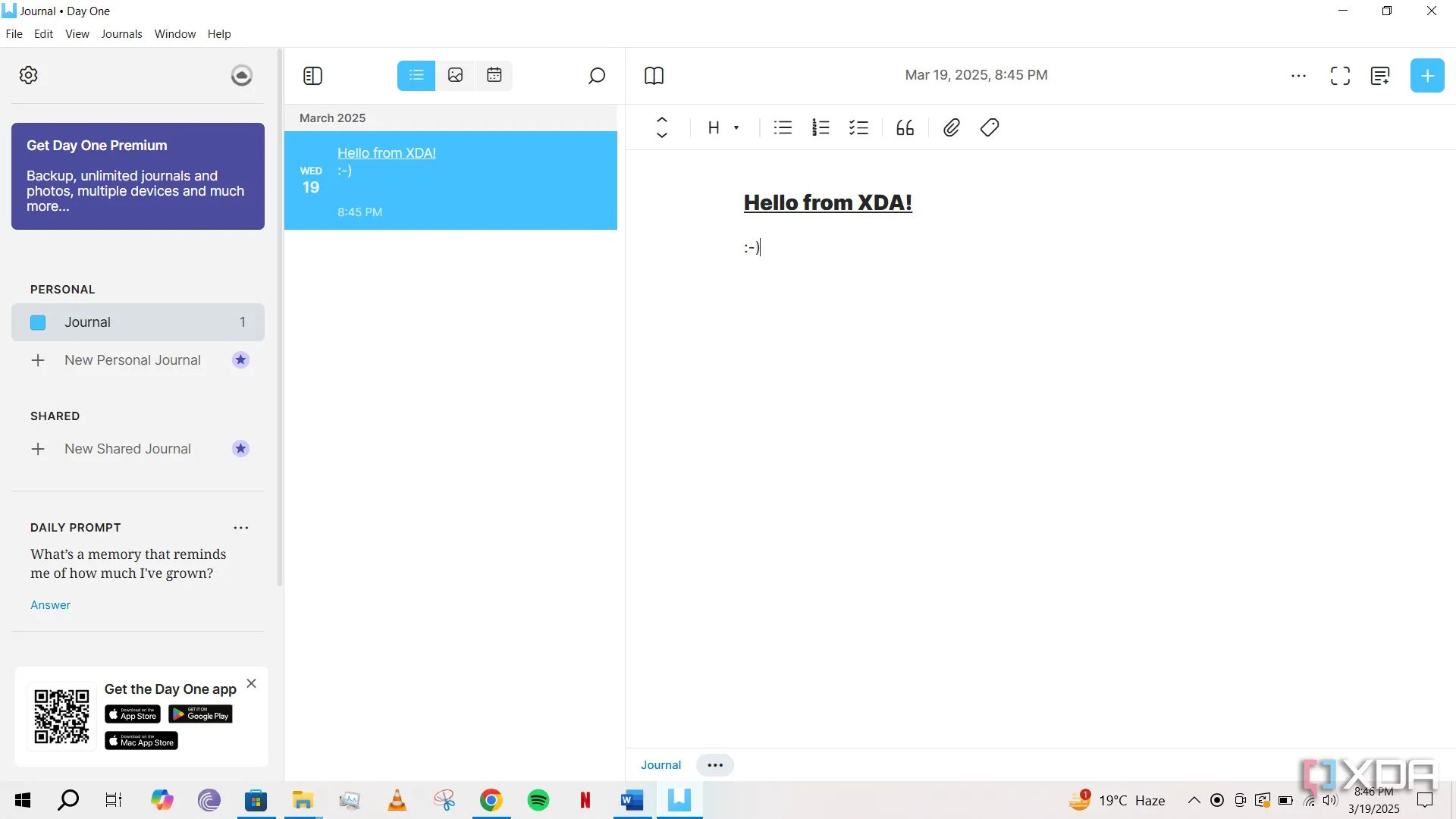 Giao diện ứng dụng nhật ký Day One trên hệ điều hành Windows