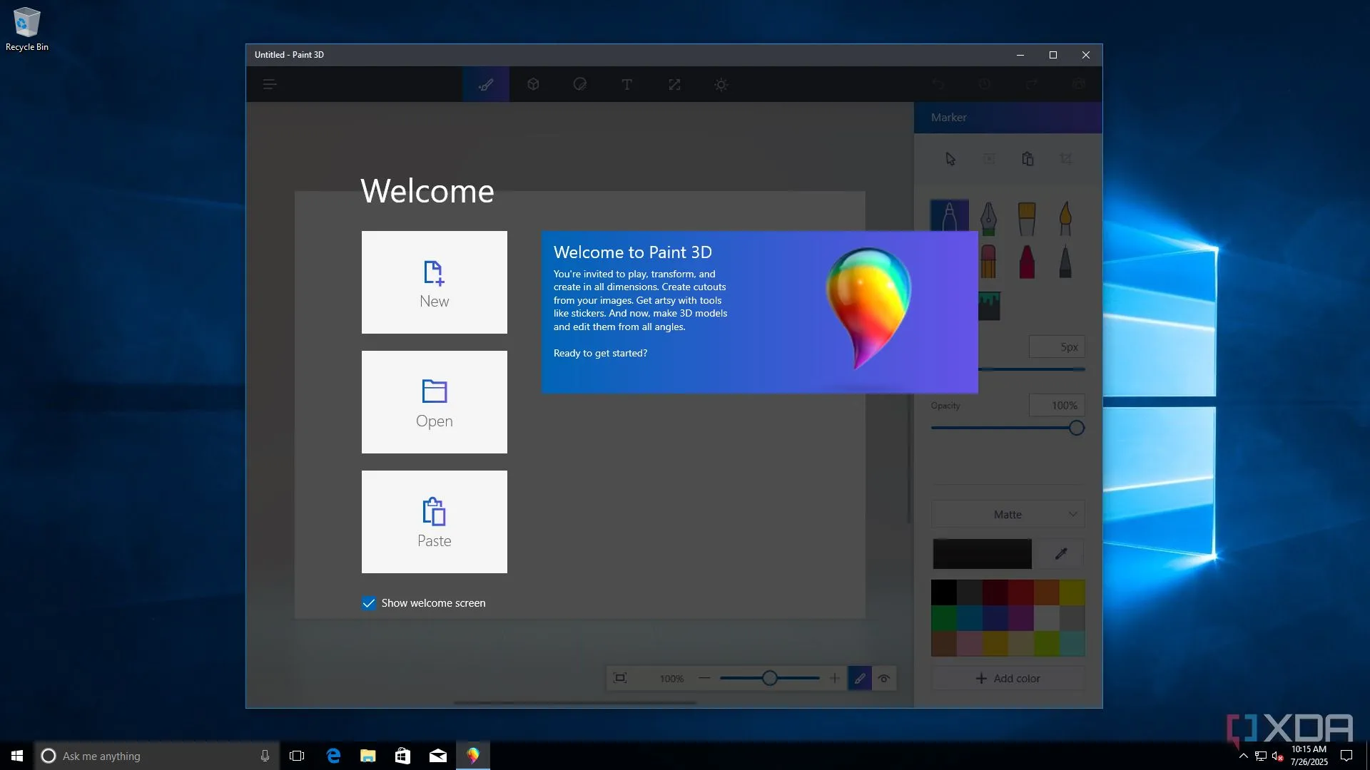 Giao diện ứng dụng Paint 3D trên Windows 10, một dự án đã bị Microsoft ngừng hỗ trợ
