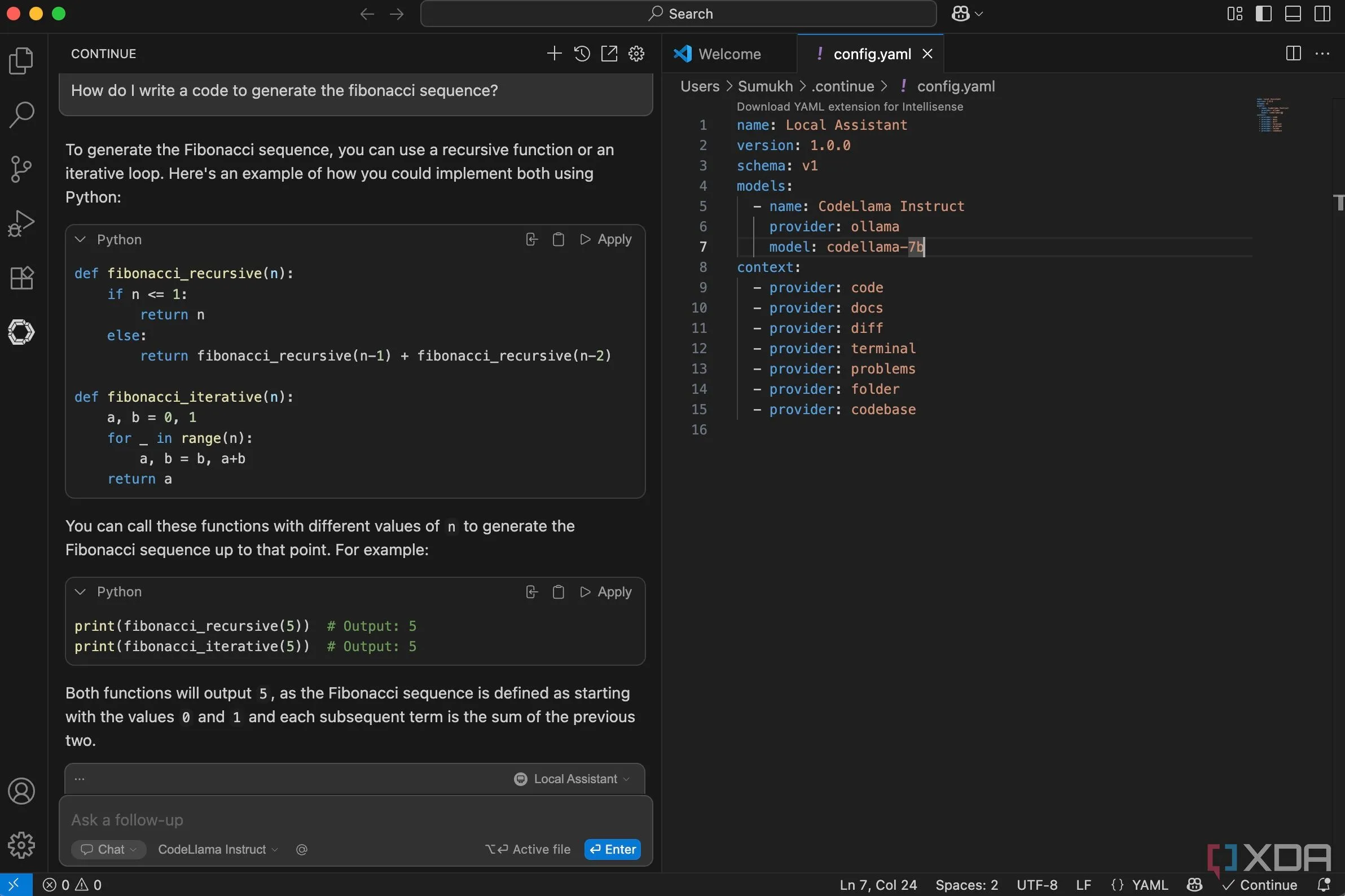 Giao diện VS Code với tiện ích Continue đang hoạt động, hiển thị đoạn mã Python được tạo tự động bởi LLM cục bộ thông qua Ollama