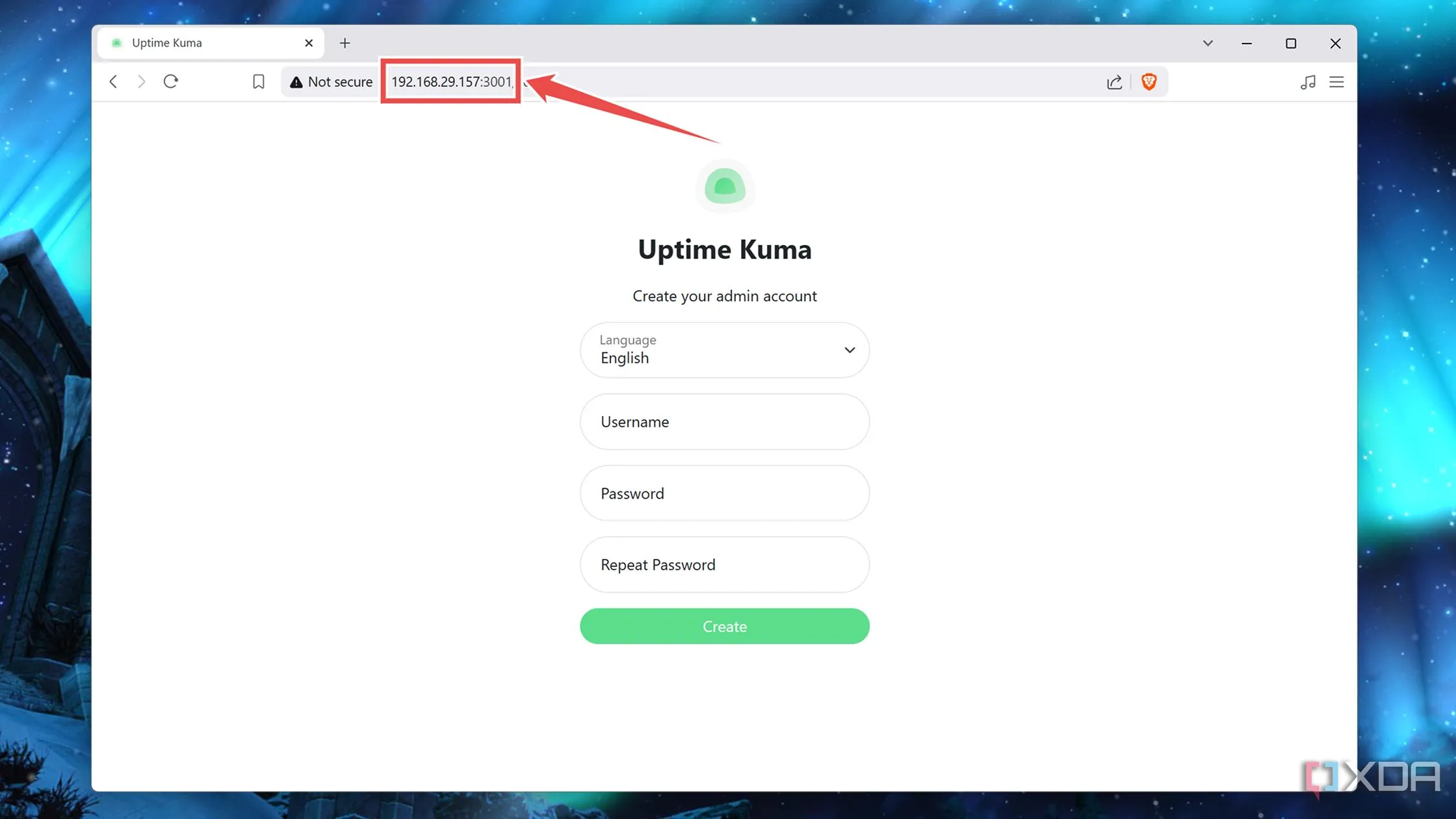 Giao diện web Uptime Kuma sau khi truy cập bằng địa chỉ IP