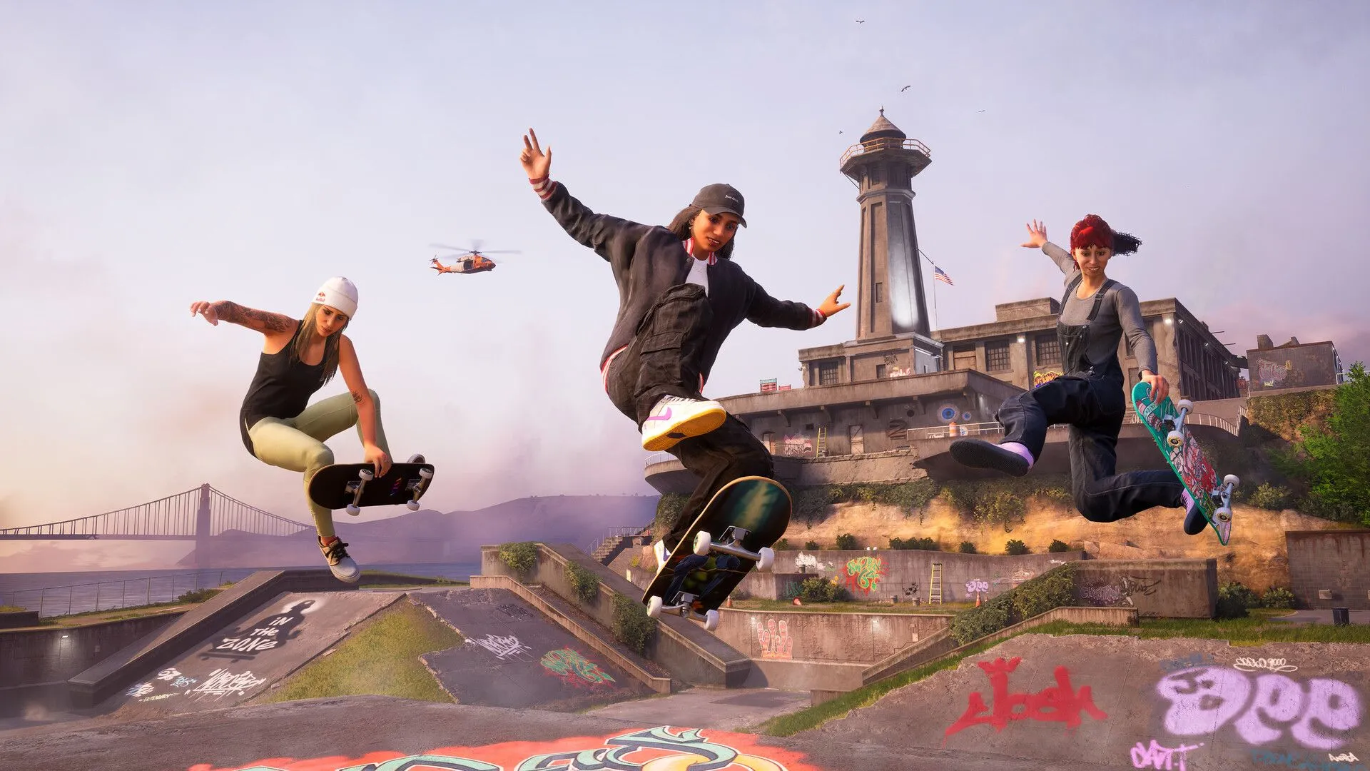 Góc nhìn cận cảnh một skater nữ đang biểu diễn kỹ năng trượt ván trong Tony Hawk's Pro Skater 3+4