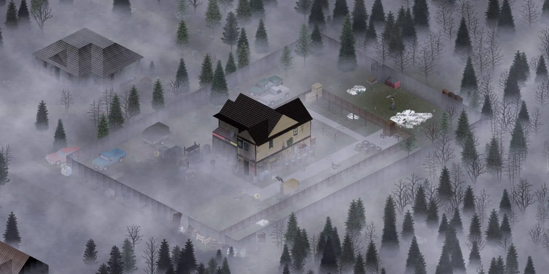 Góc nhìn isometric của một ngôi nhà kiên cố trong một khu rừng sương mù trong Project Zomboid
