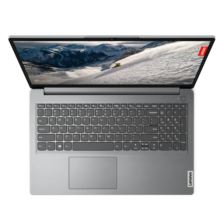 Góc nhìn từ trên cao xuống laptop Lenovo IdeaPad 1i màu xám Storm Grey mở nắp 100 độ