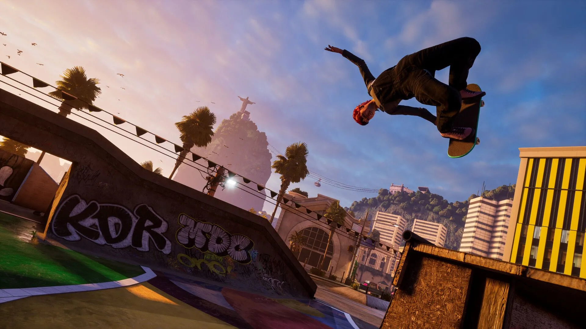 Góc nhìn từ trên cao xuống một bản đồ sân trượt rộng lớn trong Tony Hawk's Pro Skater 3+4 với nhiều chướng ngại vật