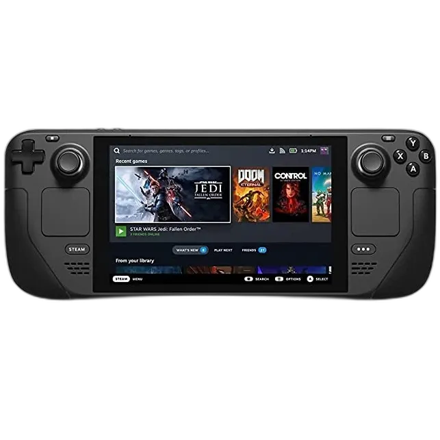Góc nhìn từ trên xuống của máy chơi game cầm tay Steam Deck với màn hình và các nút điều khiển, thể hiện thiết kế tổng thể của thiết bị.