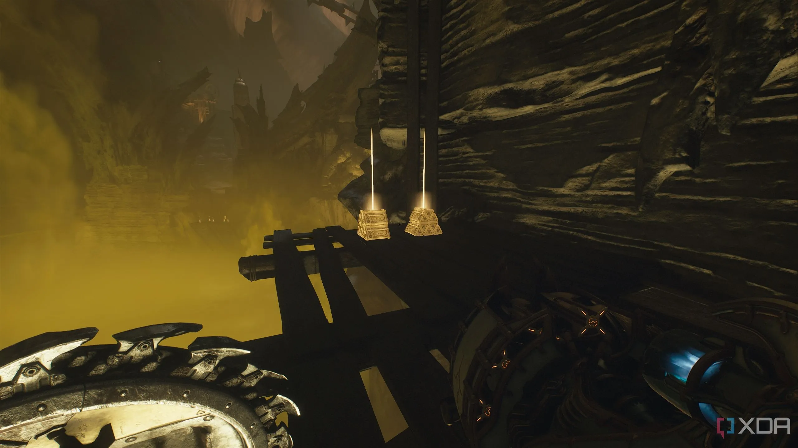 Hai cọc vàng trên nền gỗ trong Doom: The Dark Ages