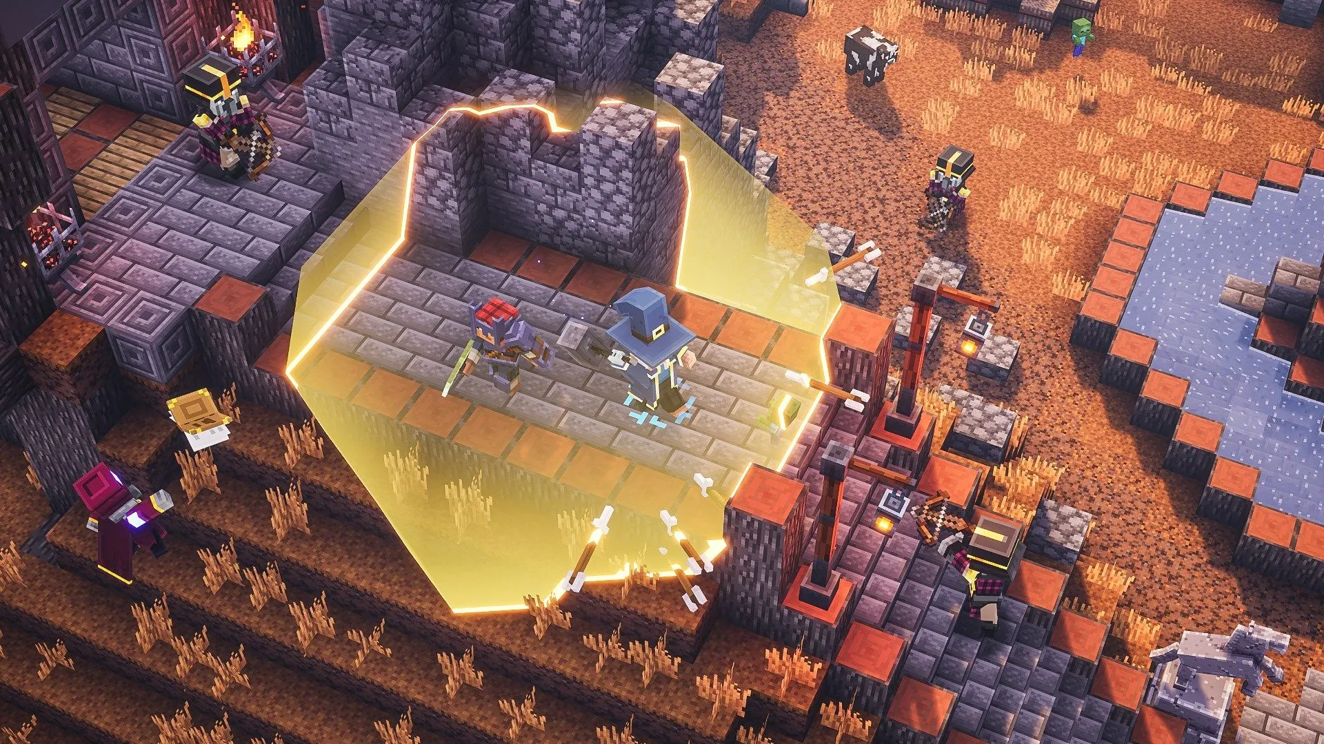 Hai người chơi khám phá hầm ngục lâu đài đầy thử thách trong Minecraft Dungeons, tiền đề cho phiên bản kế nhiệm.