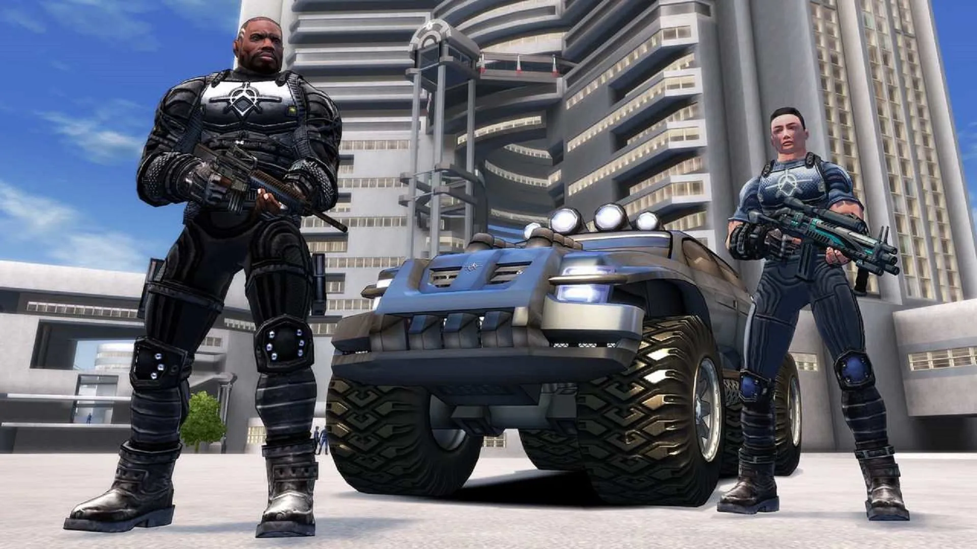 Hai người lính cùng một chiếc xe tải trong game Crackdown