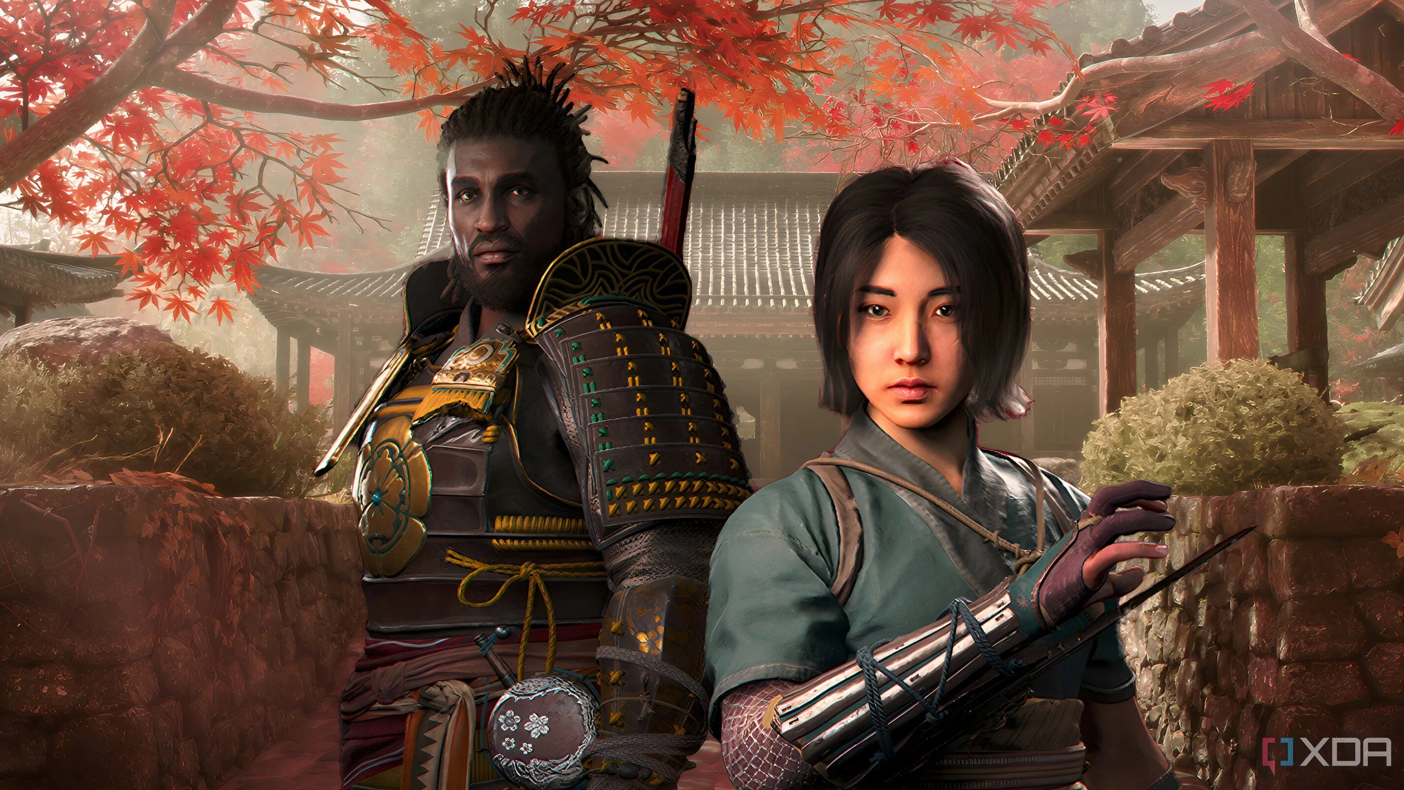 Hai nhân vật chính Naoe và Yasuke đứng cạnh nhau, thể hiện sự đa dạng lối chơi trong Assassin's Creed Shadows.