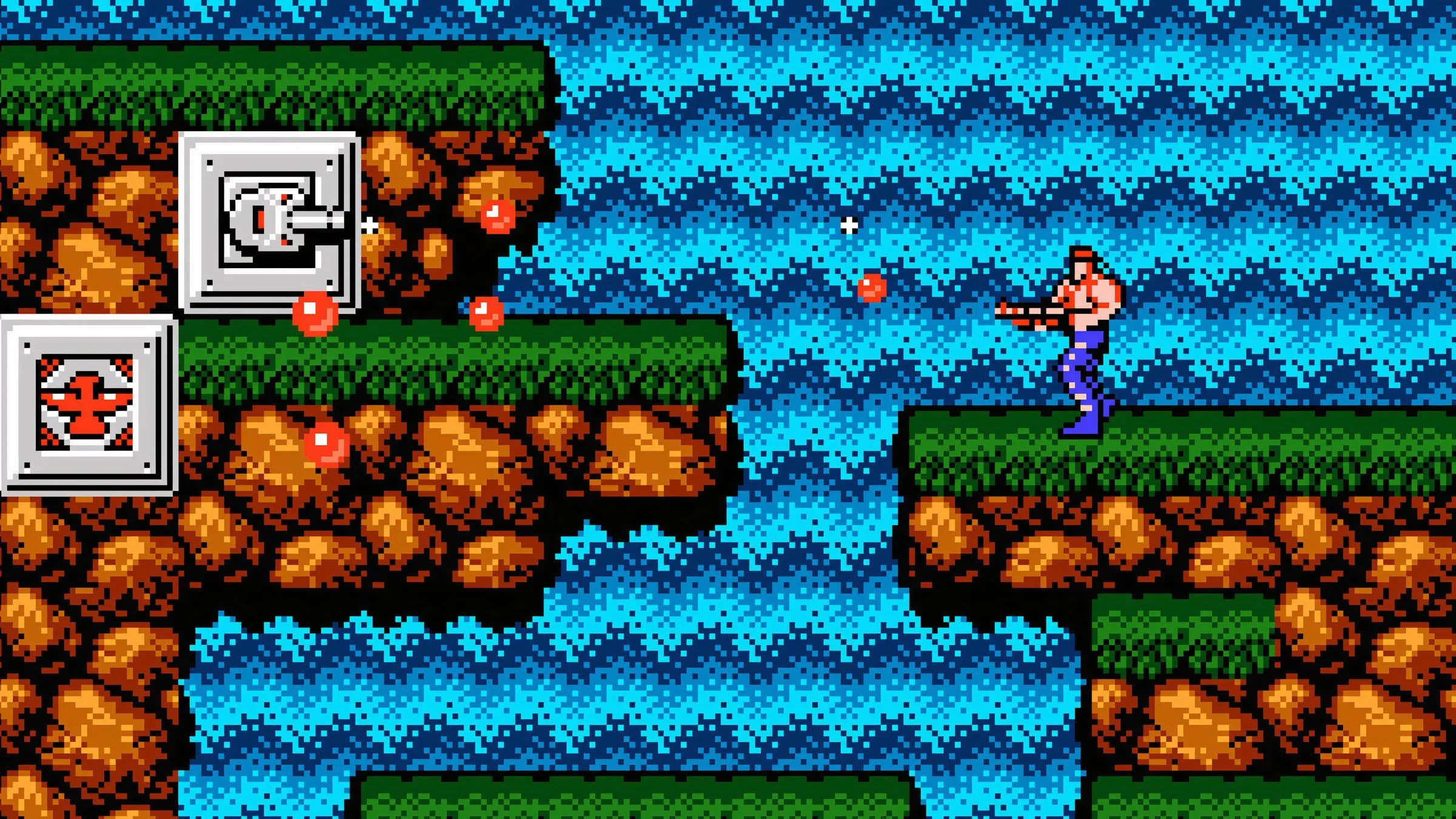 Hai nhân vật trong game Contra đang chạy và bắn kẻ thù trong màn hình cuộn ngang.