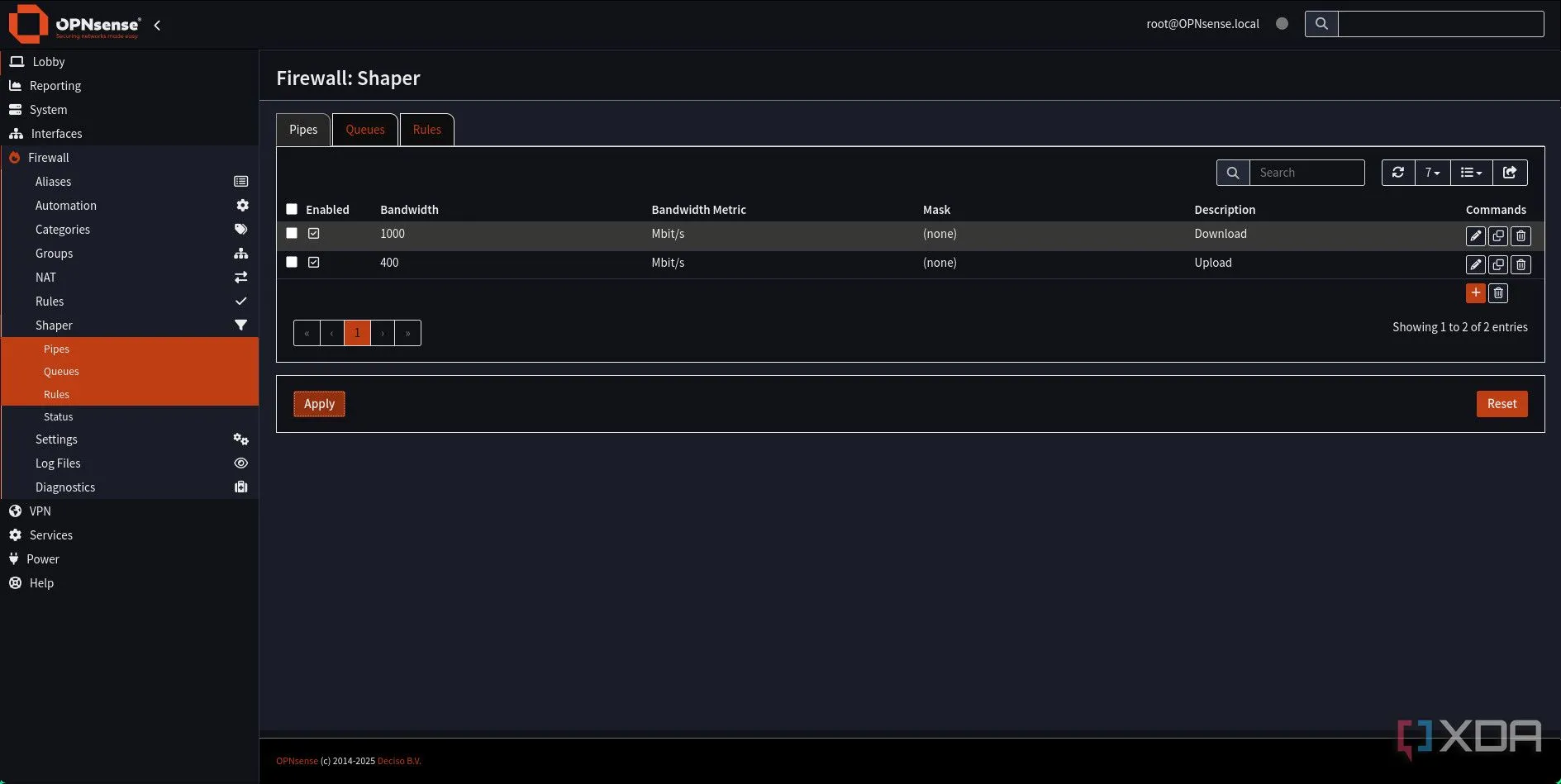 Hai Pipe Download và Upload đã được thêm vào Traffic Shaping trên OPNsense