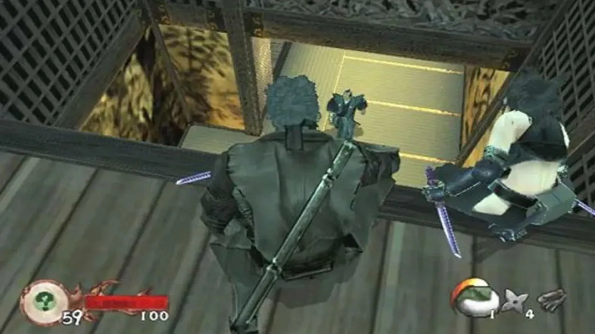 Hai sát thủ đang ẩn nấp phía trên kẻ địch trong Tenchu: Wrath of Heaven