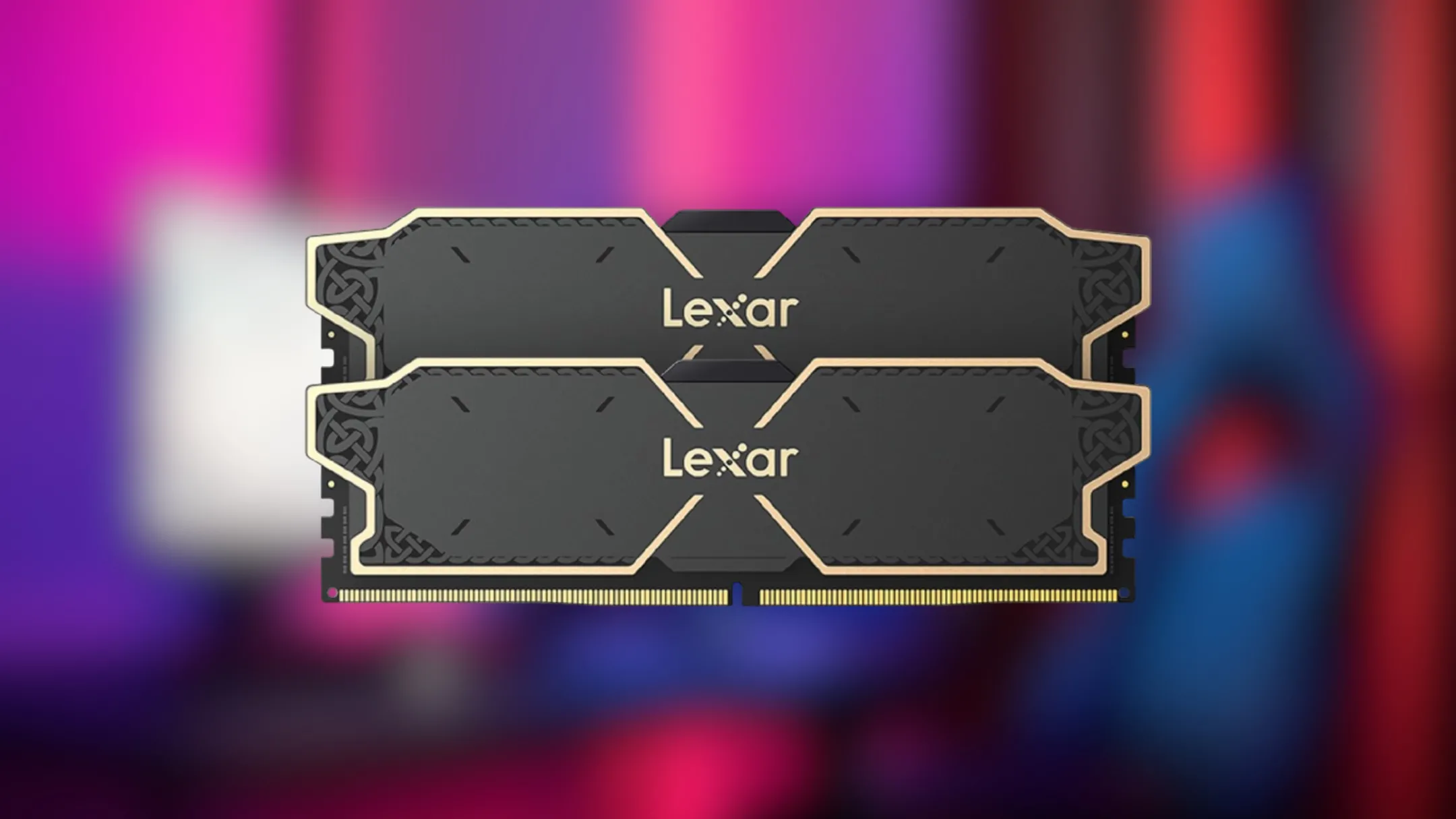 Hai thanh RAM Lexar DDR5 16GB với tản nhiệt đen vàng