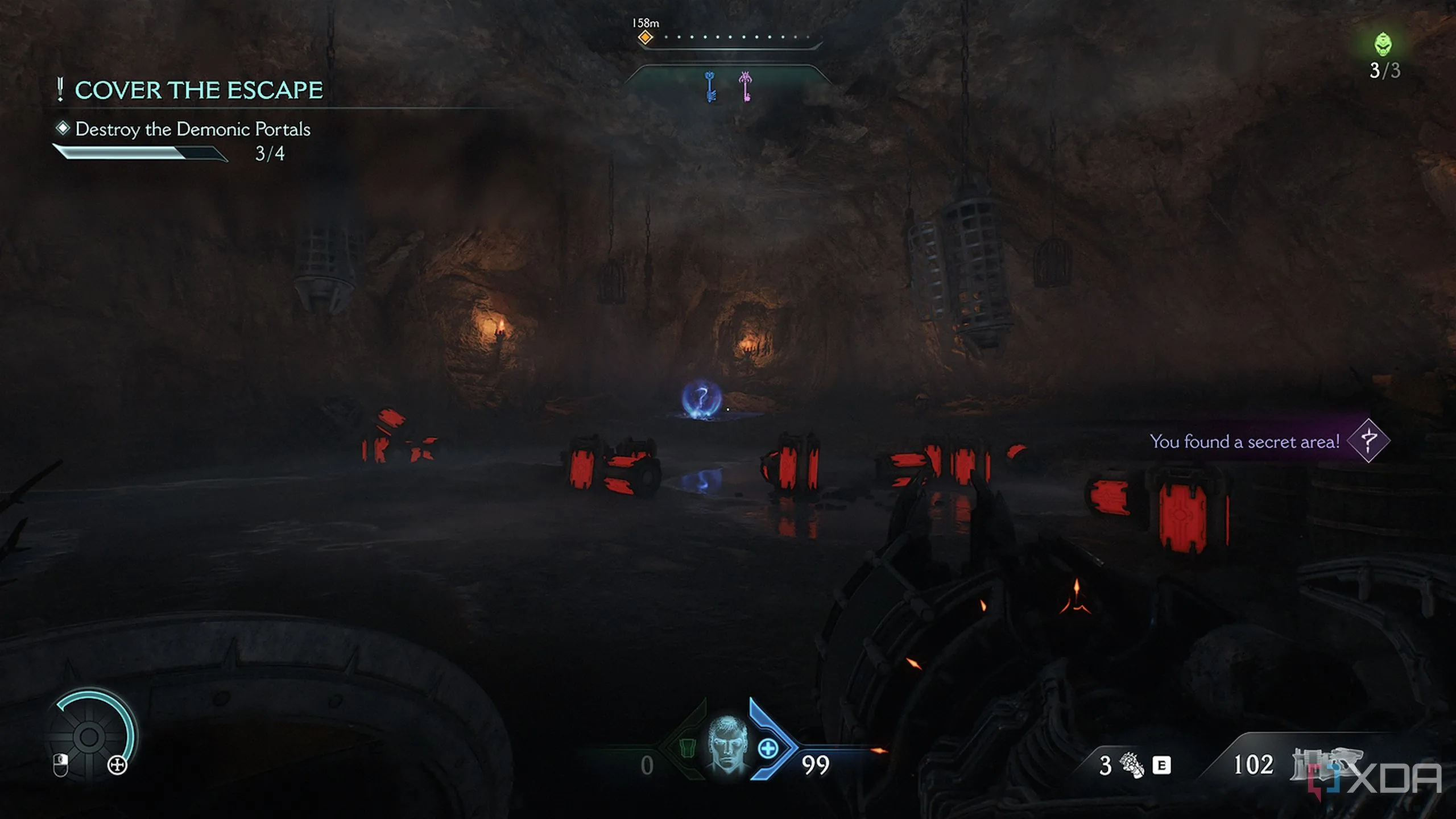 Hang động chứa nhiều thùng thuốc nổ và skin Combat Shotgun trong Doom The Dark Ages.