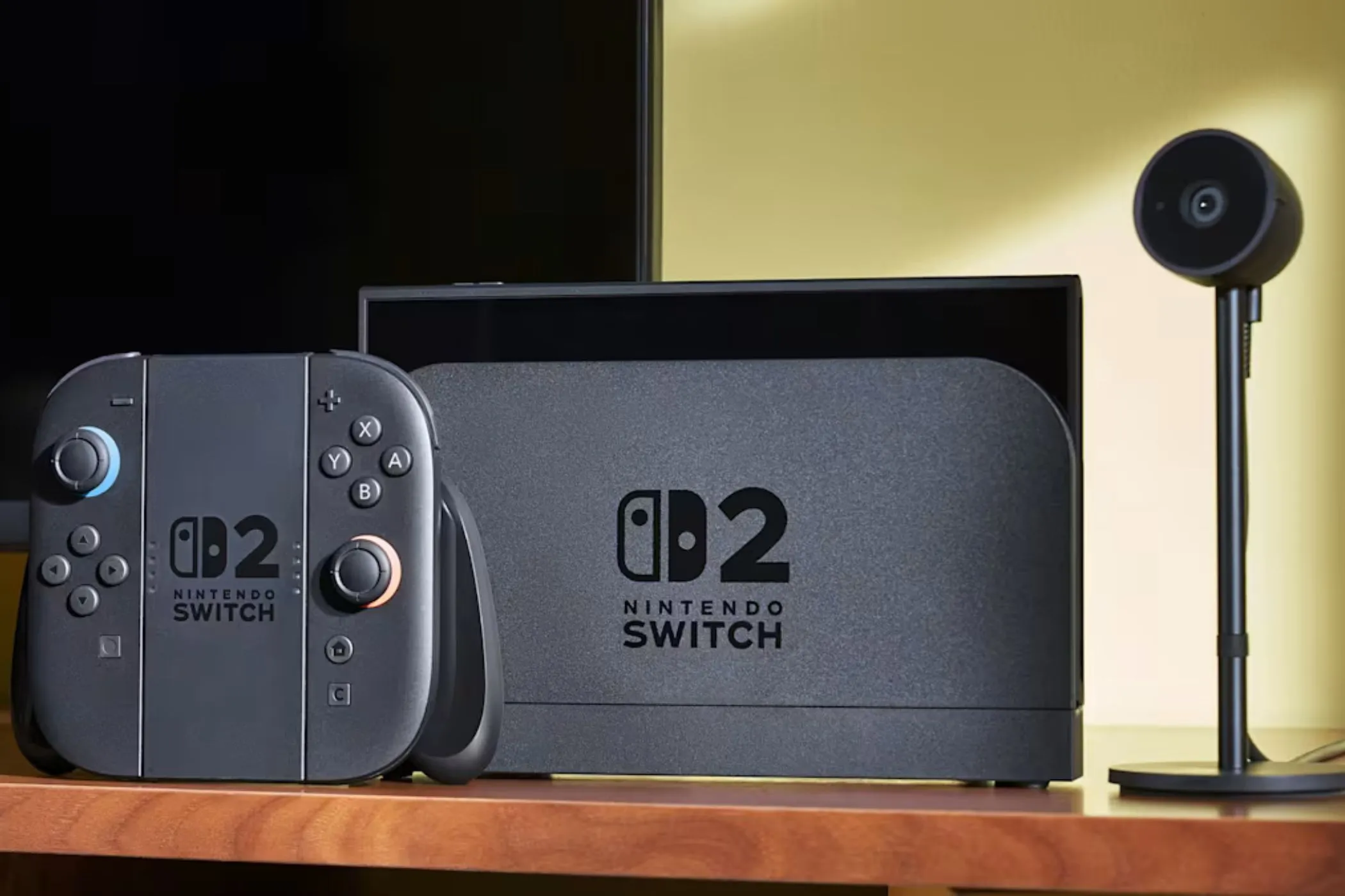 Hệ máy Nintendo Switch 2 trên bàn với camera, minh họa thiết kế tương lai