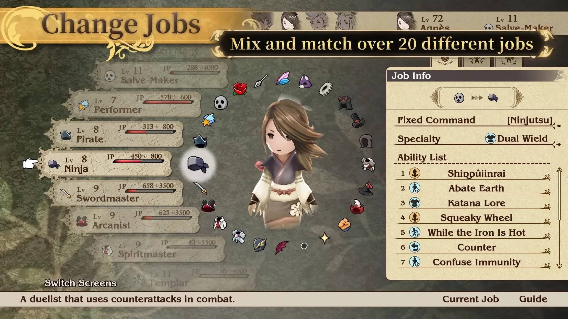 Hệ thống Job trong Bravely Default Remaster, cho phép tùy chỉnh sâu rộng lớp nhân vật