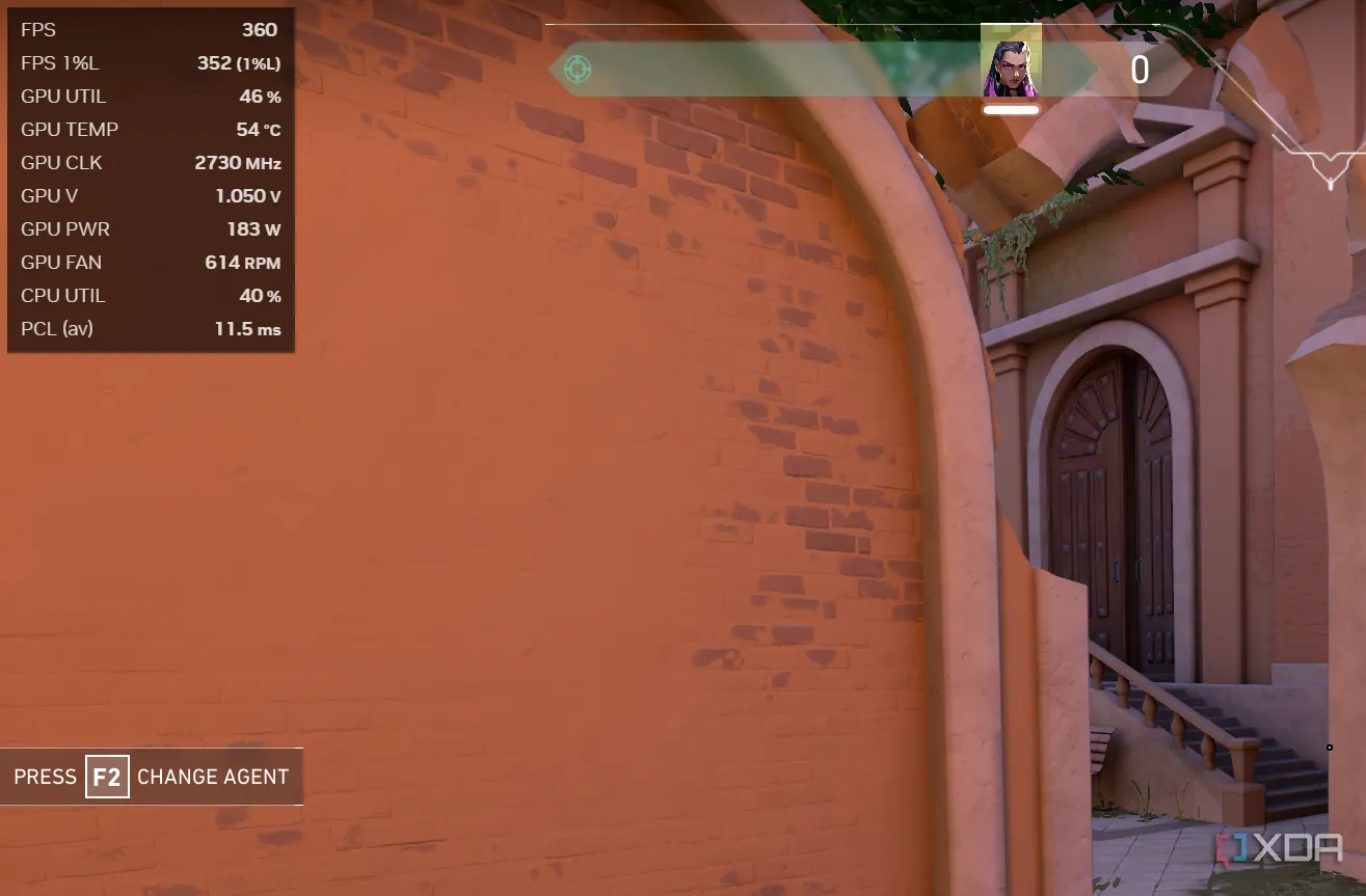 Hiển thị lớp phủ thống kê hiệu năng (Statistics overlay) của Nvidia trong game Valorant, cho thấy thông tin FPS và mức độ sử dụng GPU.