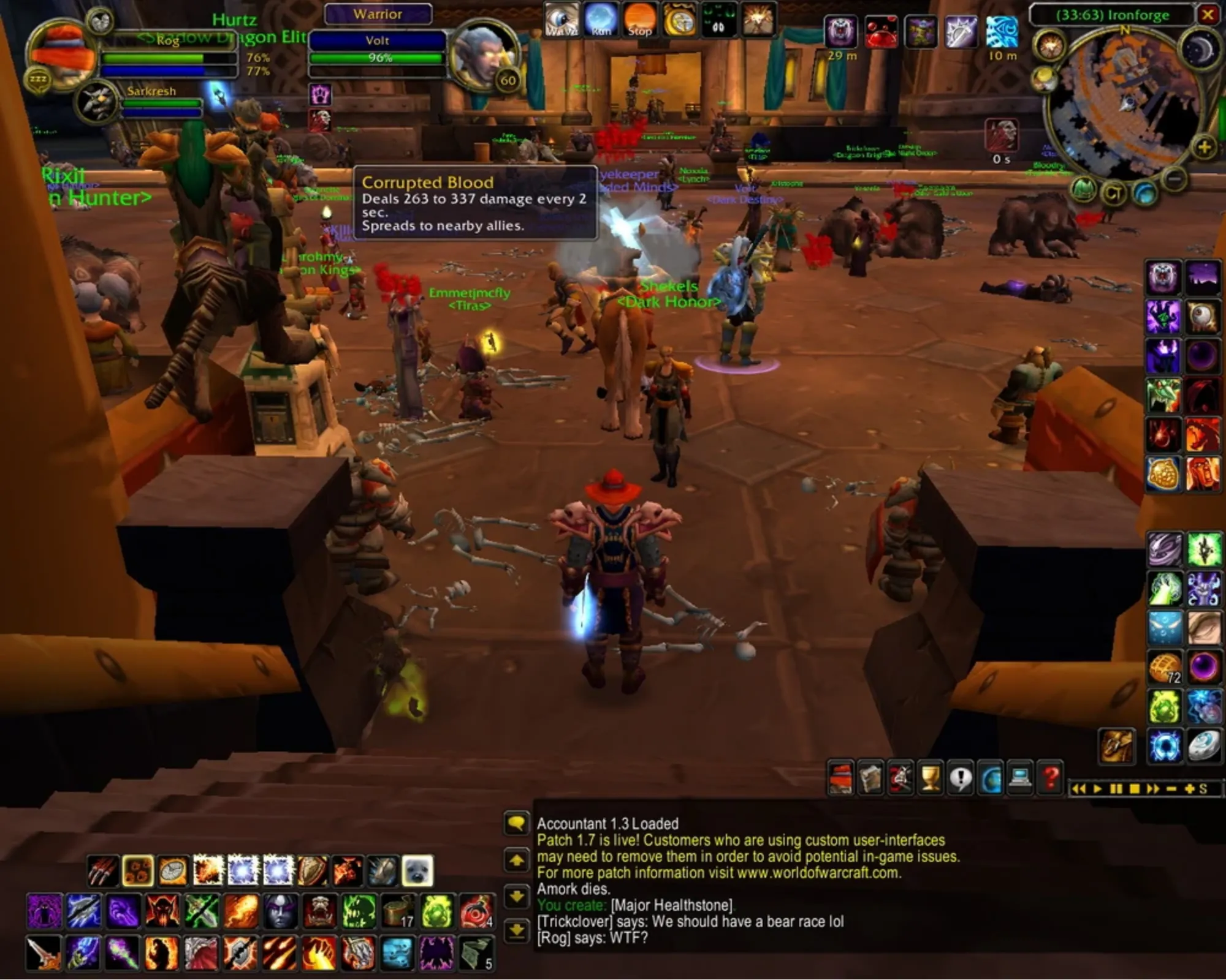 Hiệu ứng của debuff Corrupted Blood lây lan trong thế giới World of Warcraft năm 2005