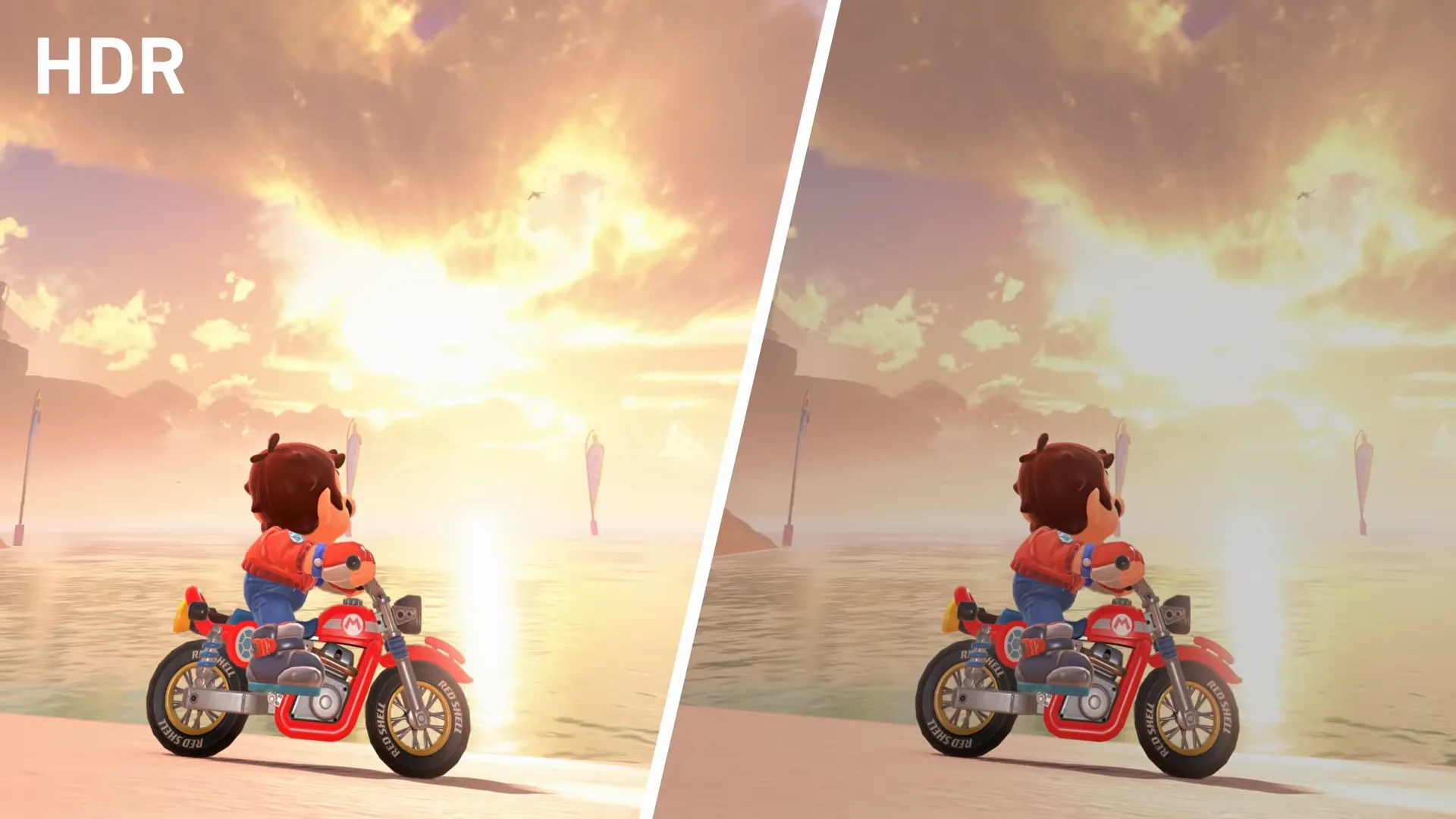 Hiệu ứng HDR trên game Mario Kart làm tăng cường màu sắc và độ tương phản trên Nintendo Switch 2.