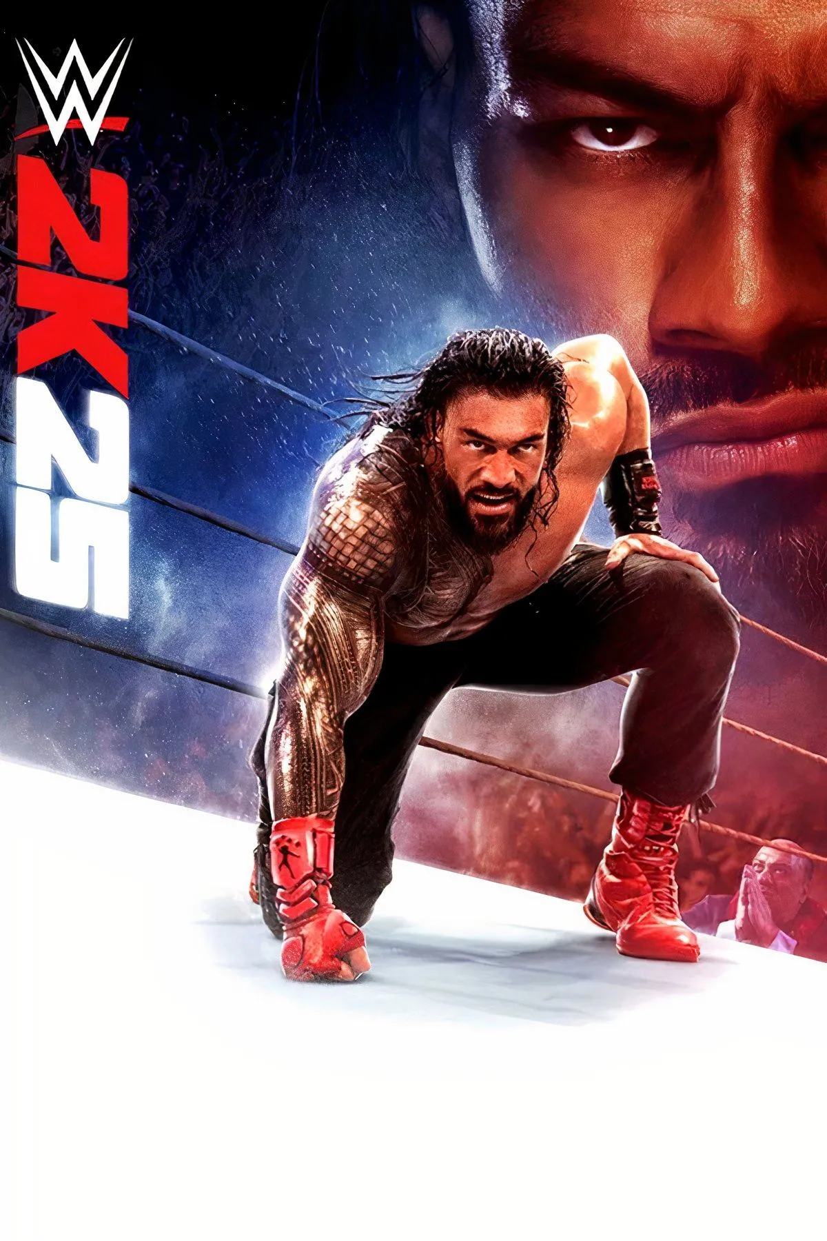 Hình ảnh bìa của game WWE 2K25, có thể là một đô vật nổi tiếng đang tạo dáng biểu tượng.