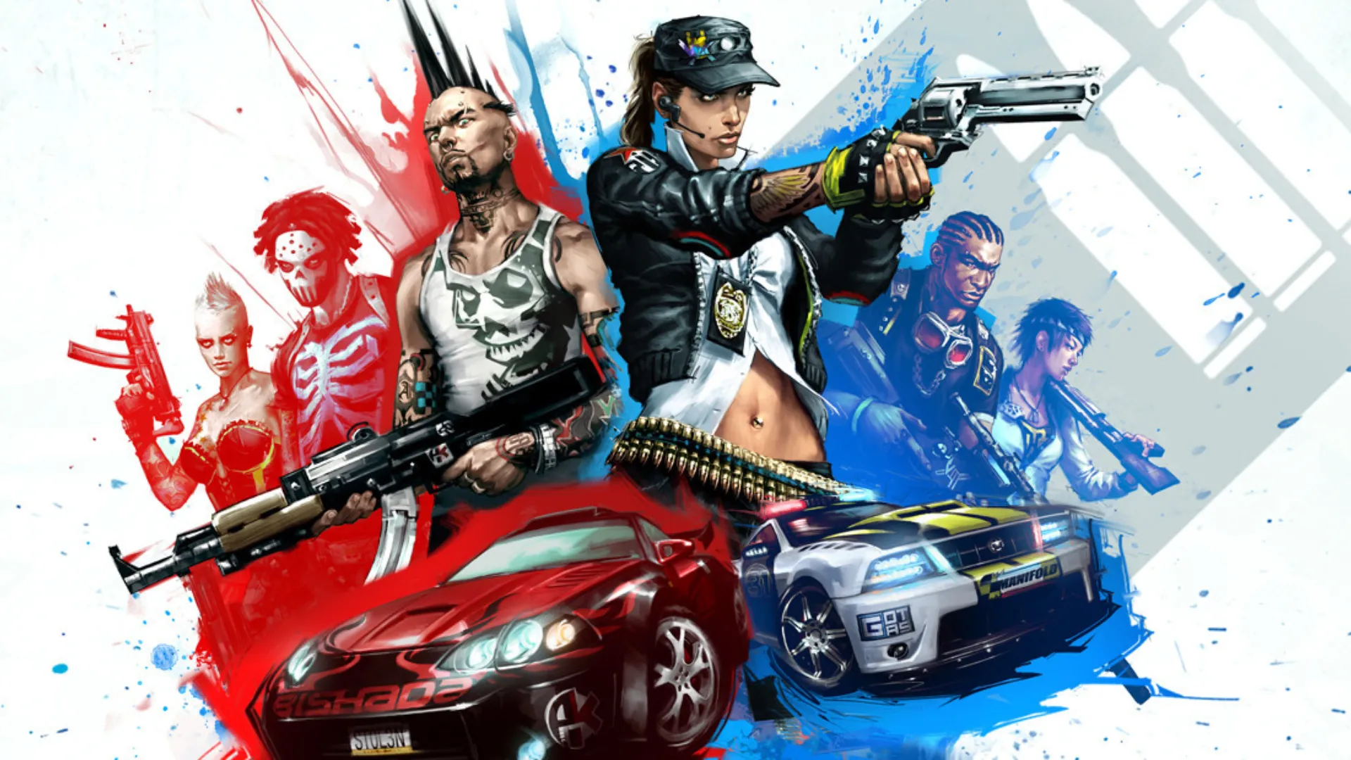 Hình ảnh bìa game APB: All Points Bulletin với chủ đề cảnh sát và tội phạm