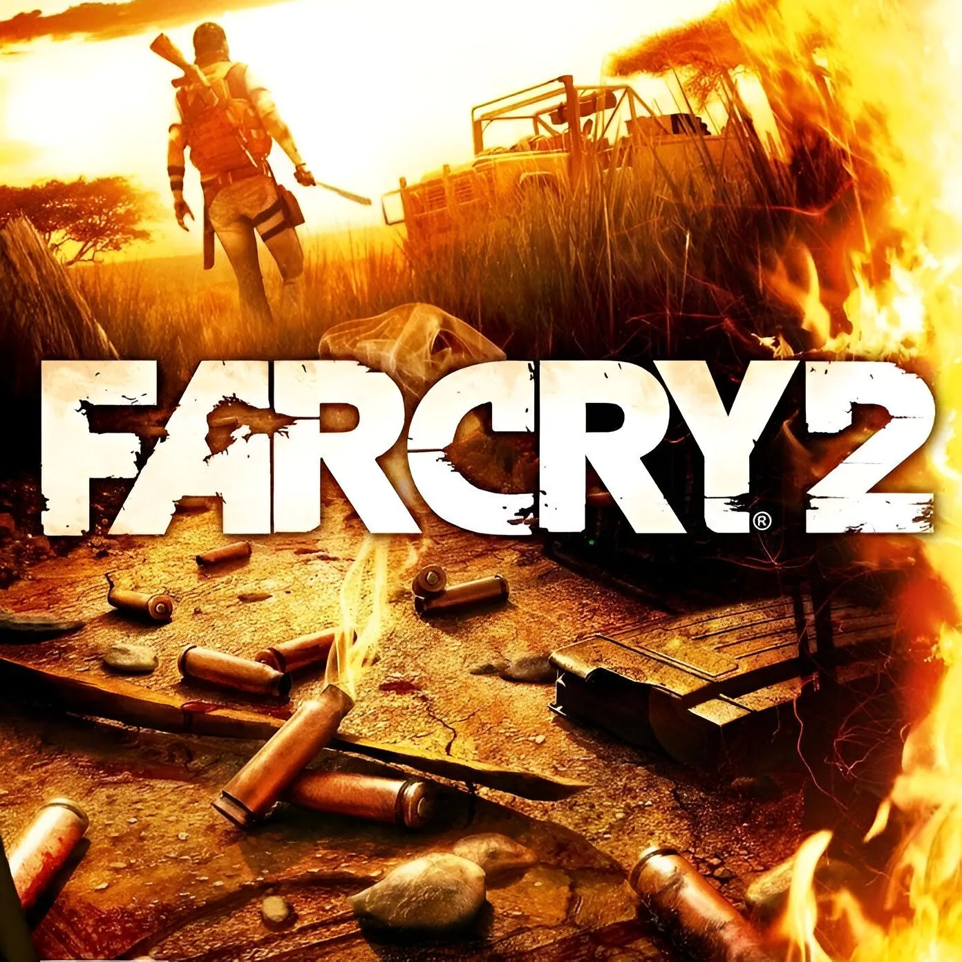 Hình ảnh bìa game Far Cry 2, minh họa bối cảnh châu Phi hoang dã và nhân vật chính.