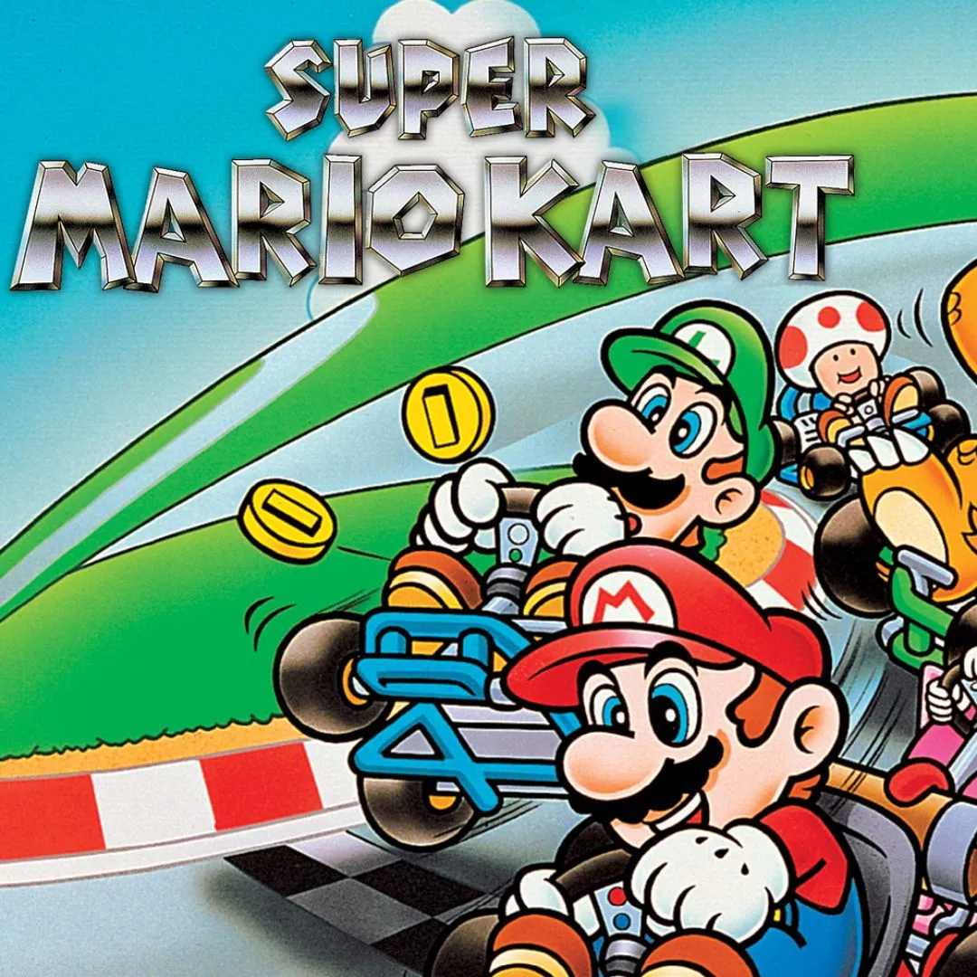 Hình ảnh bìa game Super Mario Kart trên SNES với Mario và Luigi đua xe go-kart.
