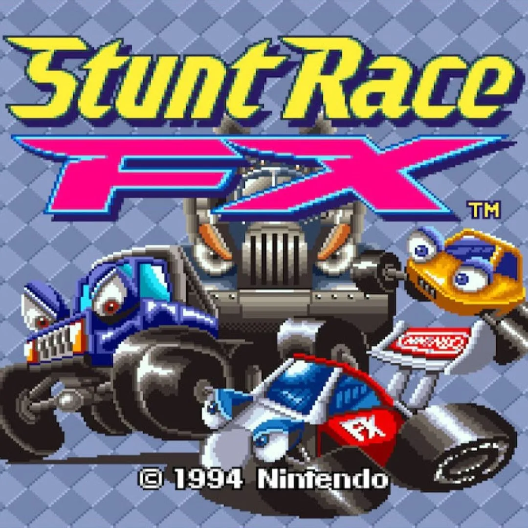 Hình ảnh bìa trò chơi Stunt Race FX trên hệ máy SNES với đồ họa polygon độc đáo.